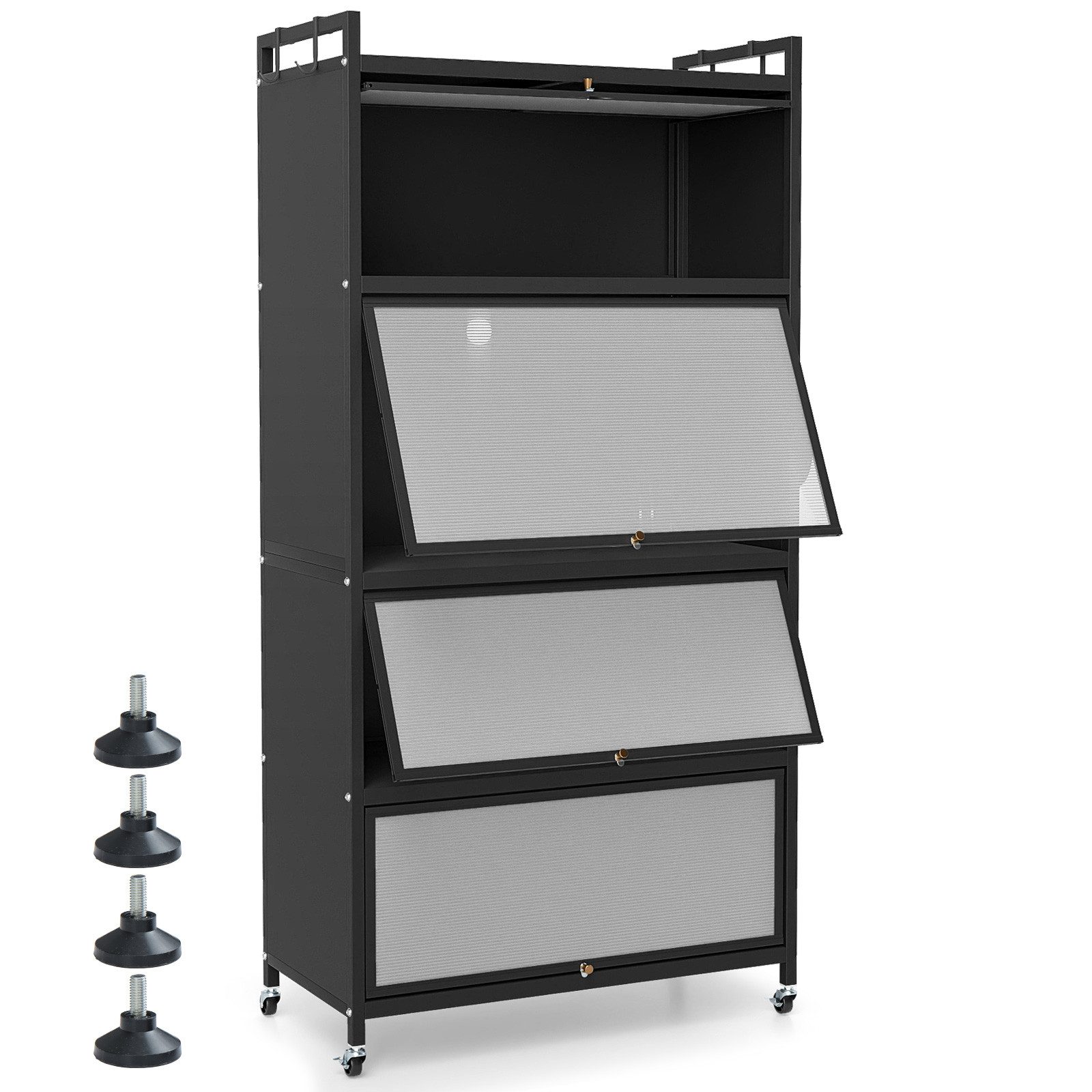 COSTWAY Vorratsschrank Küchenschrank hoch mit Rollen, PC-Klapptüren & 4 Haken Metall – Bild 4 von 4