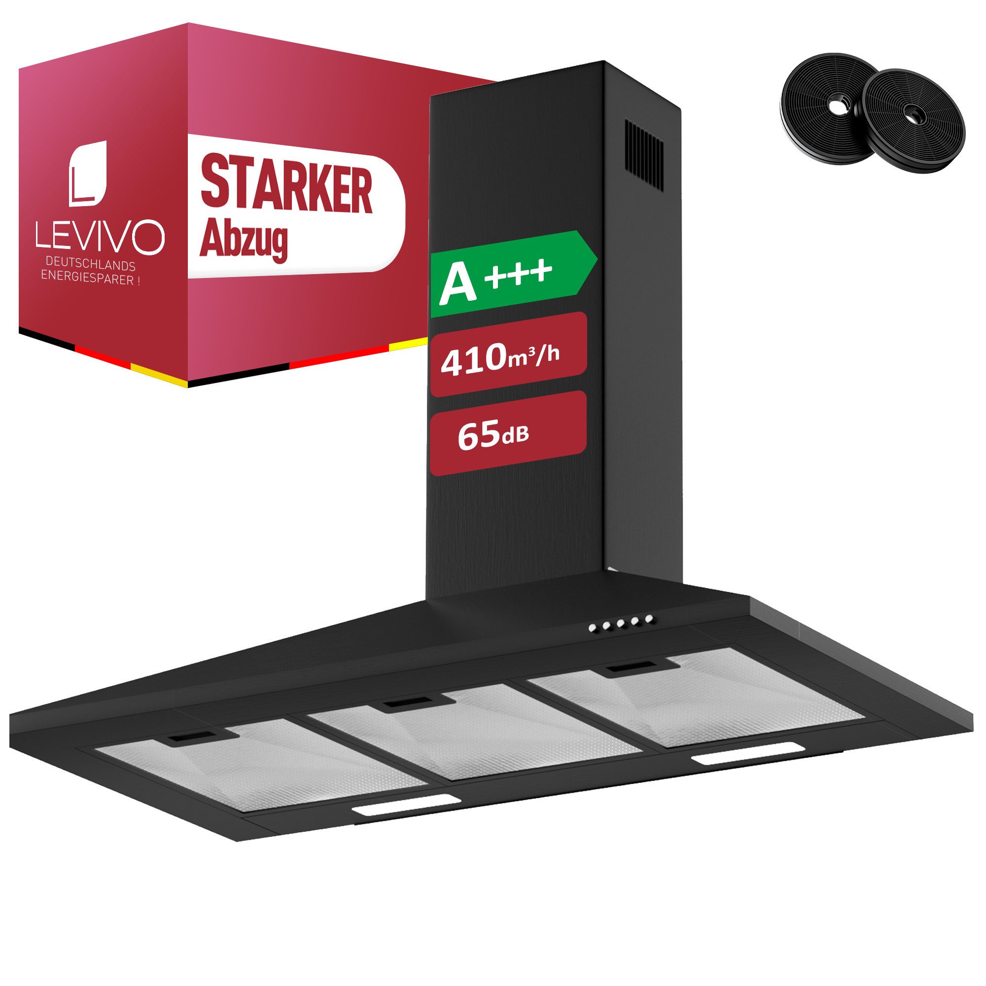 Levivo Wandhaube A+++ Dunstabzugshaube 60cm und 90cm Umluft & Abluft mit 410 m³/h A+++ Dunstabzugshaube 60cm und 90cm Umluft & Abluft mit 410 m³/h, Aktivkohlefiltern, Fettfiltern, LED-Beleuchtung