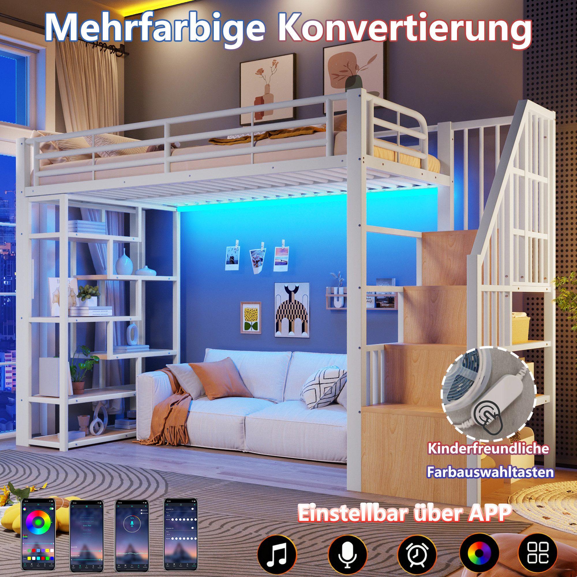 Flieks Hochbett Metallbett 90x200cm mit LED-Lichtleiste, Ablagefach, Stauraumtreppe – Bild 5 von 5