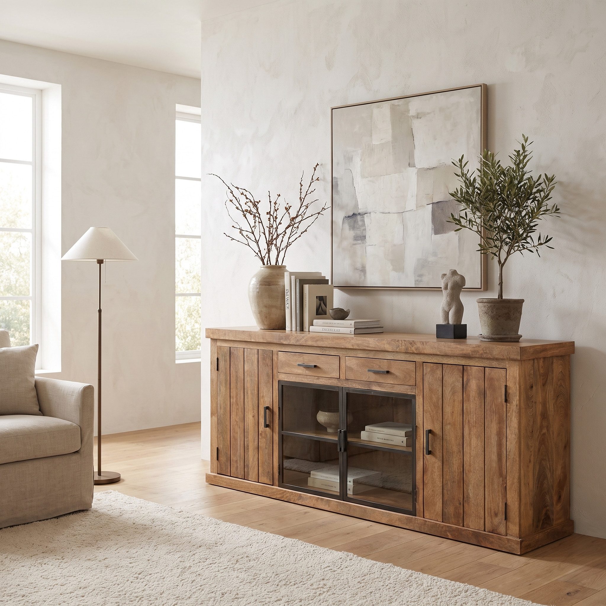 WOLF MÖBEL Sideboard (200 x 45 x 90), KERALA Kommode mit 2 Glas-/ 2 Holztüren / 2 Schubladen