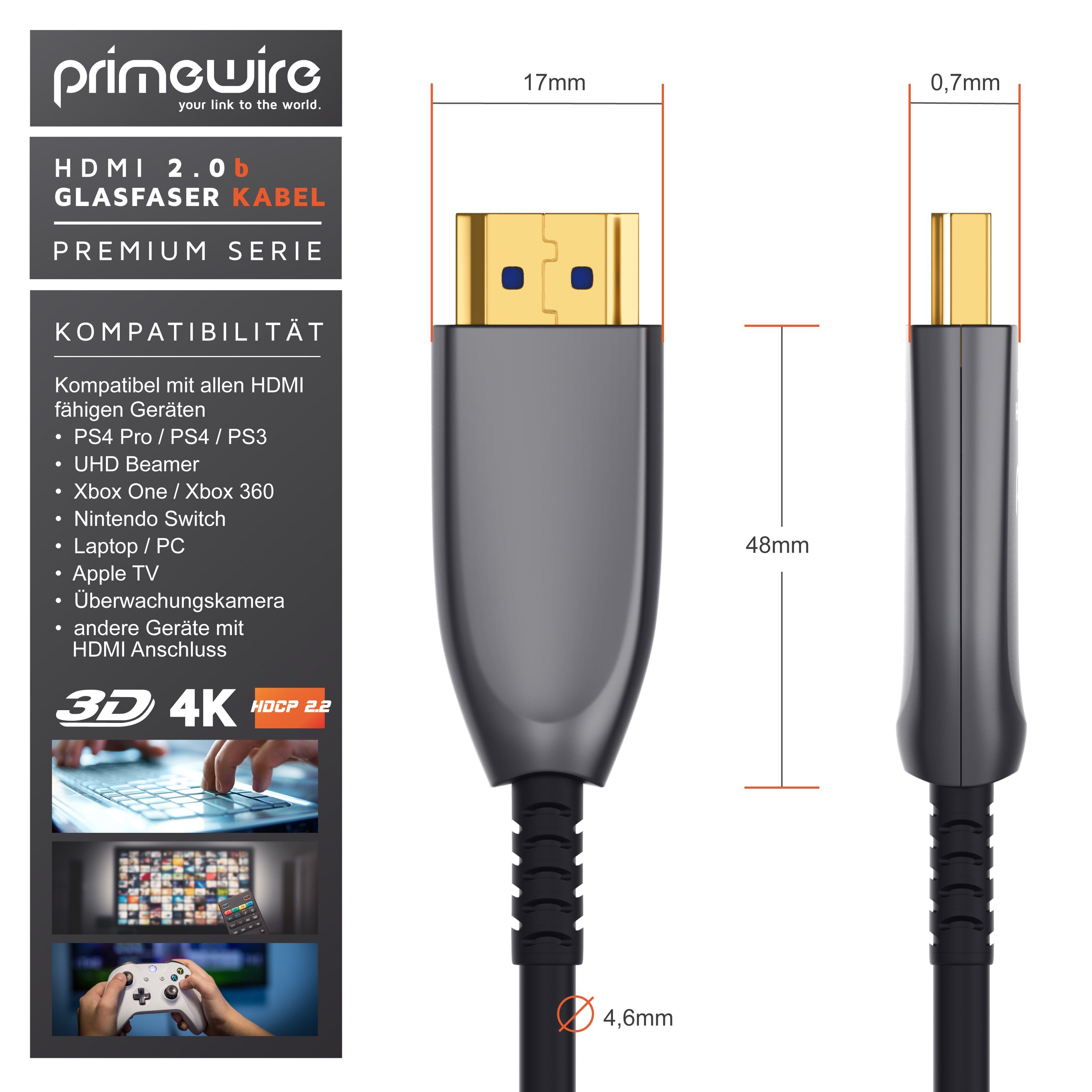 Primewire HDMI-Kabel, 2.0b, HDMI Typ A (300 cm), Ultra HD Glasfaserkabel, 3-fach geschirmt, 4K, 3D, ARC, Ethernet, 3m