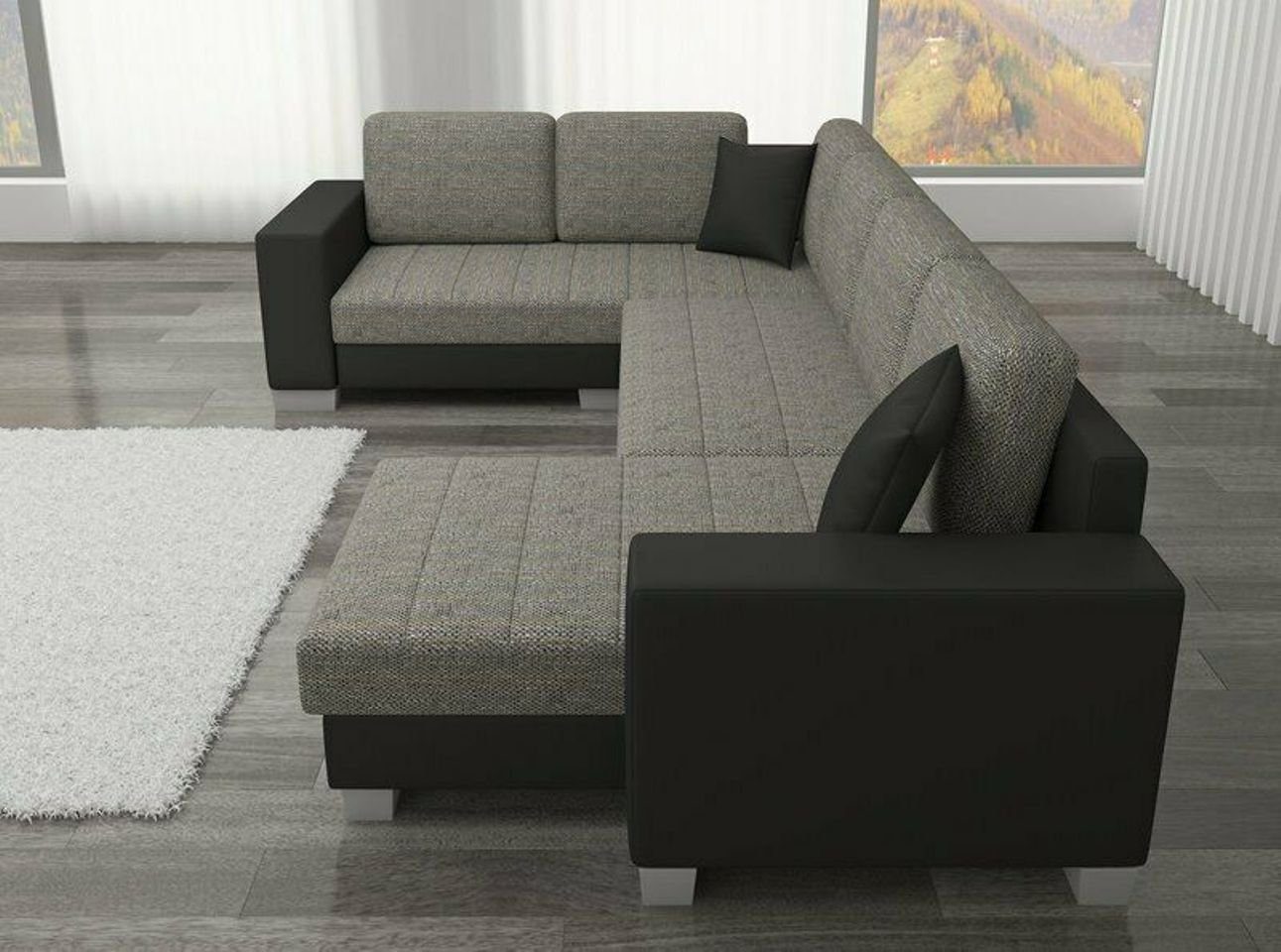 JVmoebel Ecksofa Design Ecksofa Schlafsofa Bettfunktion Couch Leder Polster Textil, Mit Bettfunktion Dunkelgrau/Schwarz