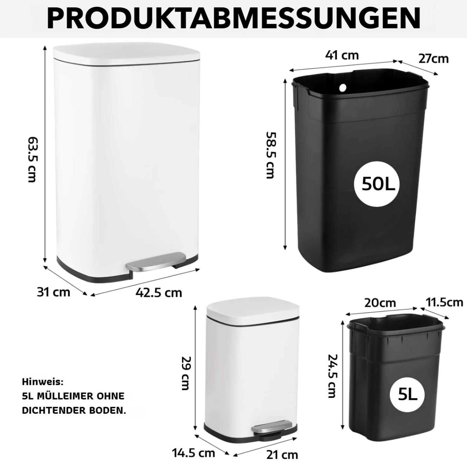 TLGREEN Mülleimer 50l + 5L,2er Set Abfalleimer aus Stahl mit Softclose Deckel, Abnehmbarer Inneneimer, Geruch isolieren,für Küche, Badezimmer, Büro