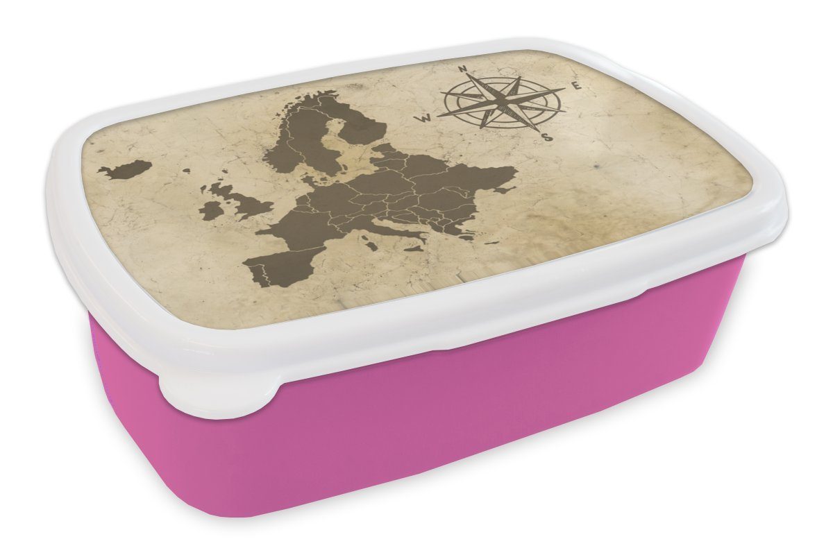 MuchoWow Lunchbox Karte - Europa - Kompass, Kunststoff, (2-tlg), Brotbox für Erwachsene, Brotdose Kinder, Snackbox, Mädchen, Kunststoff rosa