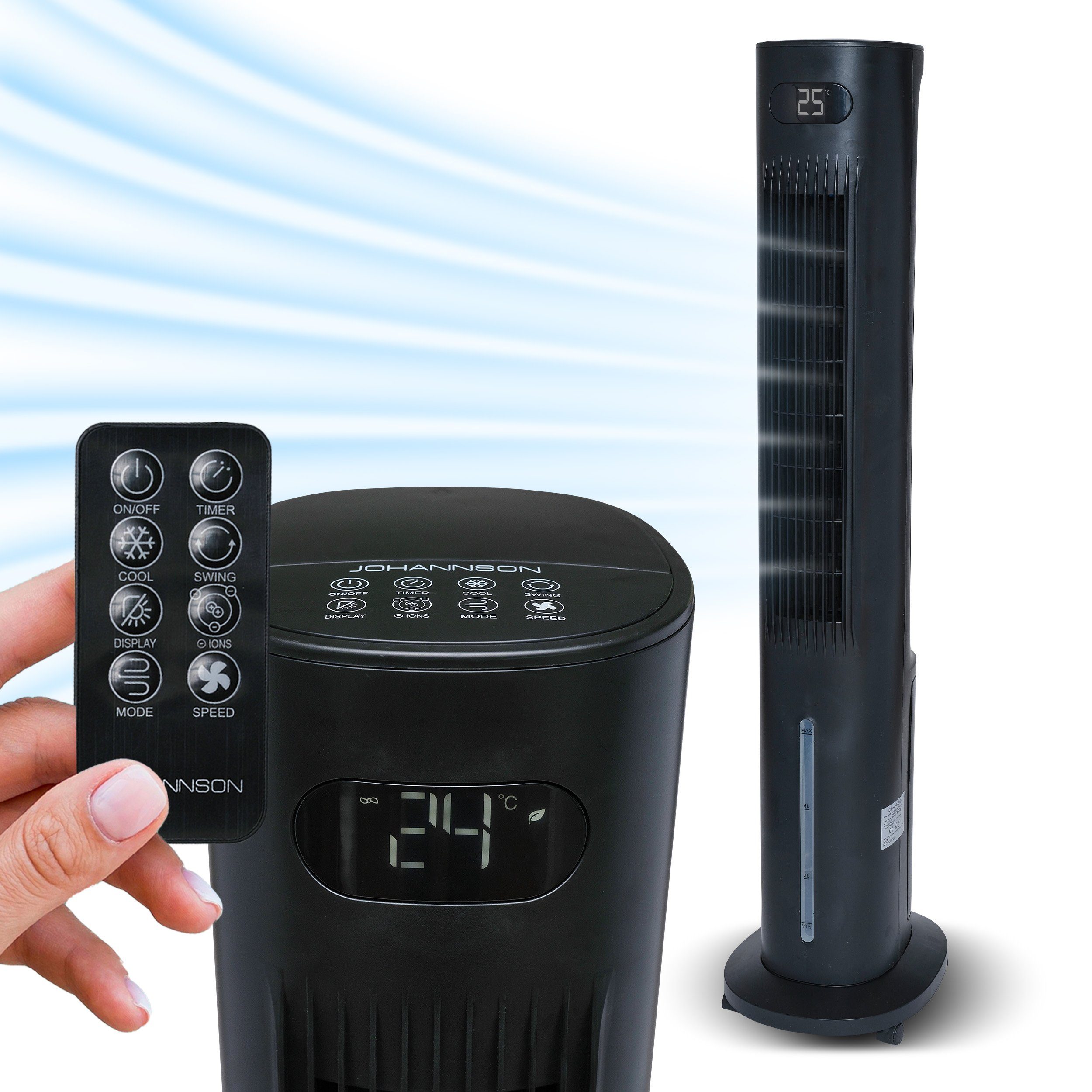 Johannson Turmventilator ICETOWER - Luftkühler mit Wasserkühlung, mit 7,6 l Wassertank inkl. 4 Kühlpads und Fernbedienung