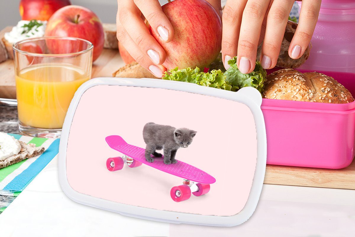 Katze Kunststoff Kätzchen Tiere - Kunststoff, Skateboard Mädchen, Erwachsene, MuchoWow (2-tlg), Rosa, Kinder, - Snackbox, für - Brotbox - Lunchbox Brotdose