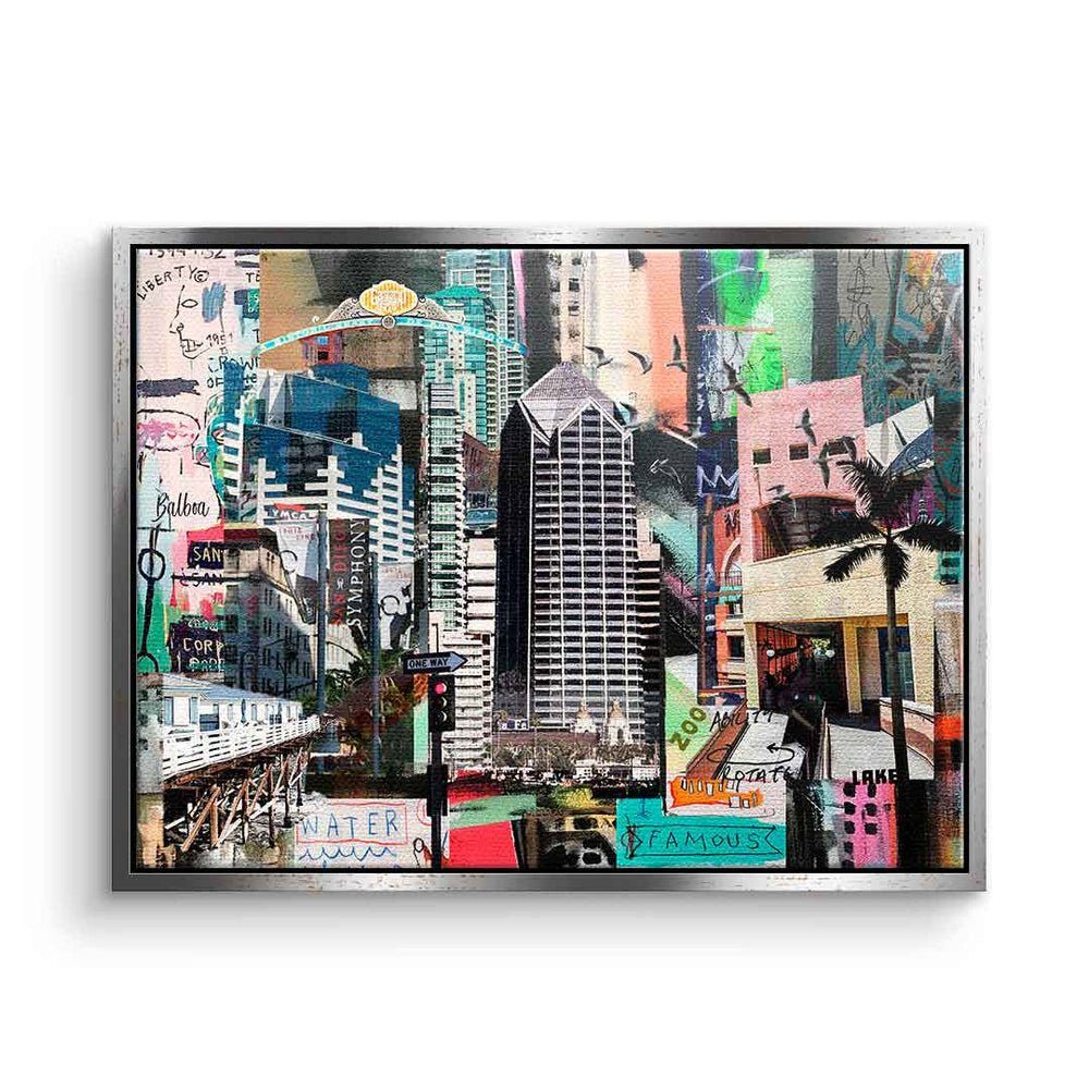 DOTCOMCANVAS® Leinwandbild, Leinwandbild Pop Art Standlandschaft San Diego mit premium Rahmen silberner Rahmen