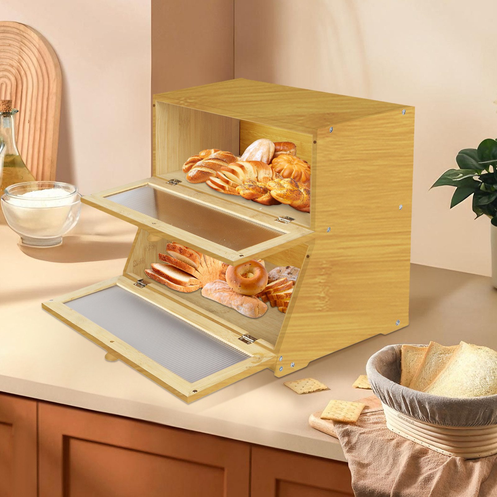JEOBEST Brotkasten Küche Brotaufbewahrung, Großer Brotbox, (Bambus) 2 Etagen und Sichtfenster – Bild 3 von 5