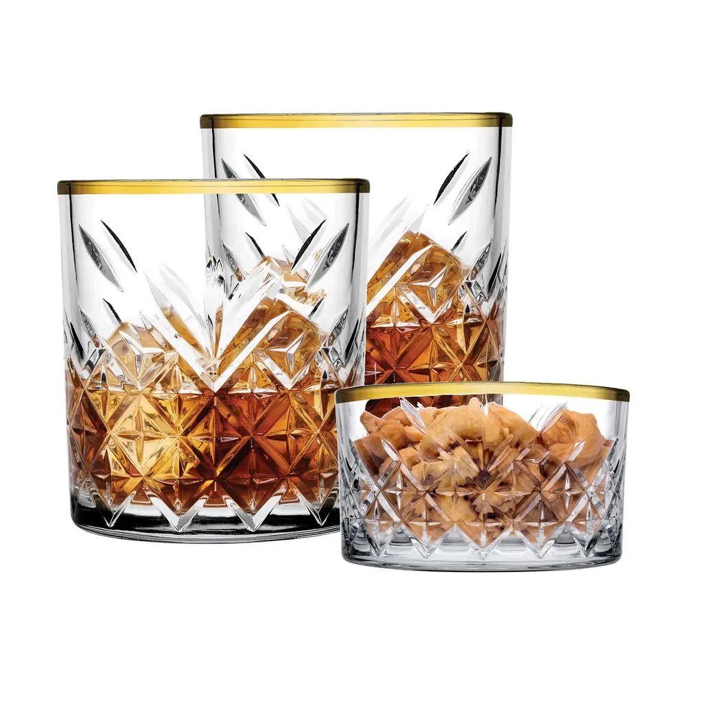 Pasabahce Gläser-Set Timeless, Glas, 3 teilig im Kristall-Design Retro Design, 2 Whisky Glas und 1 Kristall-Schale