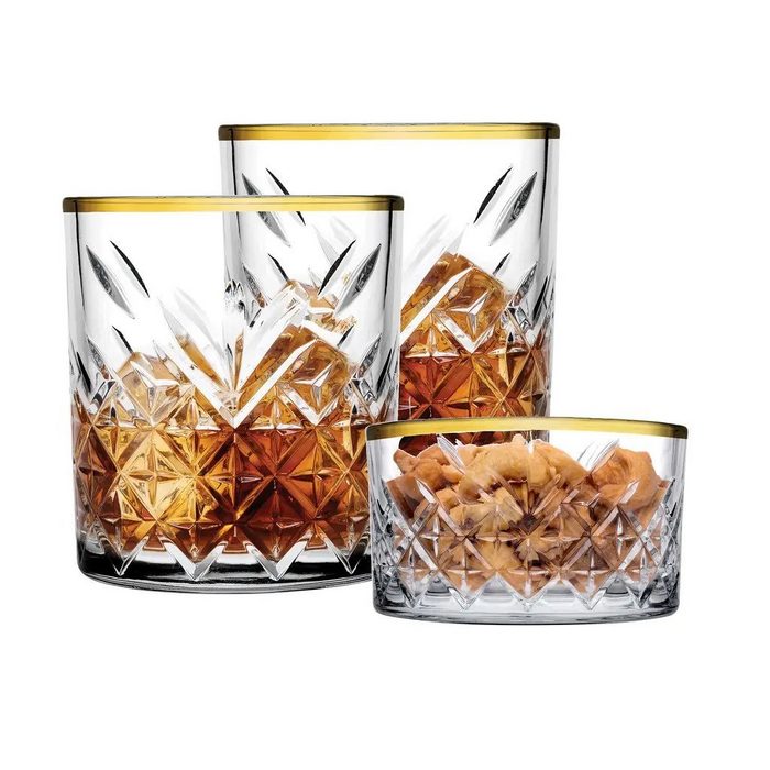 Pasabahce Gläser-Set Timeless Glas 3 teilig im Kristall-Design Retro Design 2 Whisky Glas und 1 Kristall-Schale