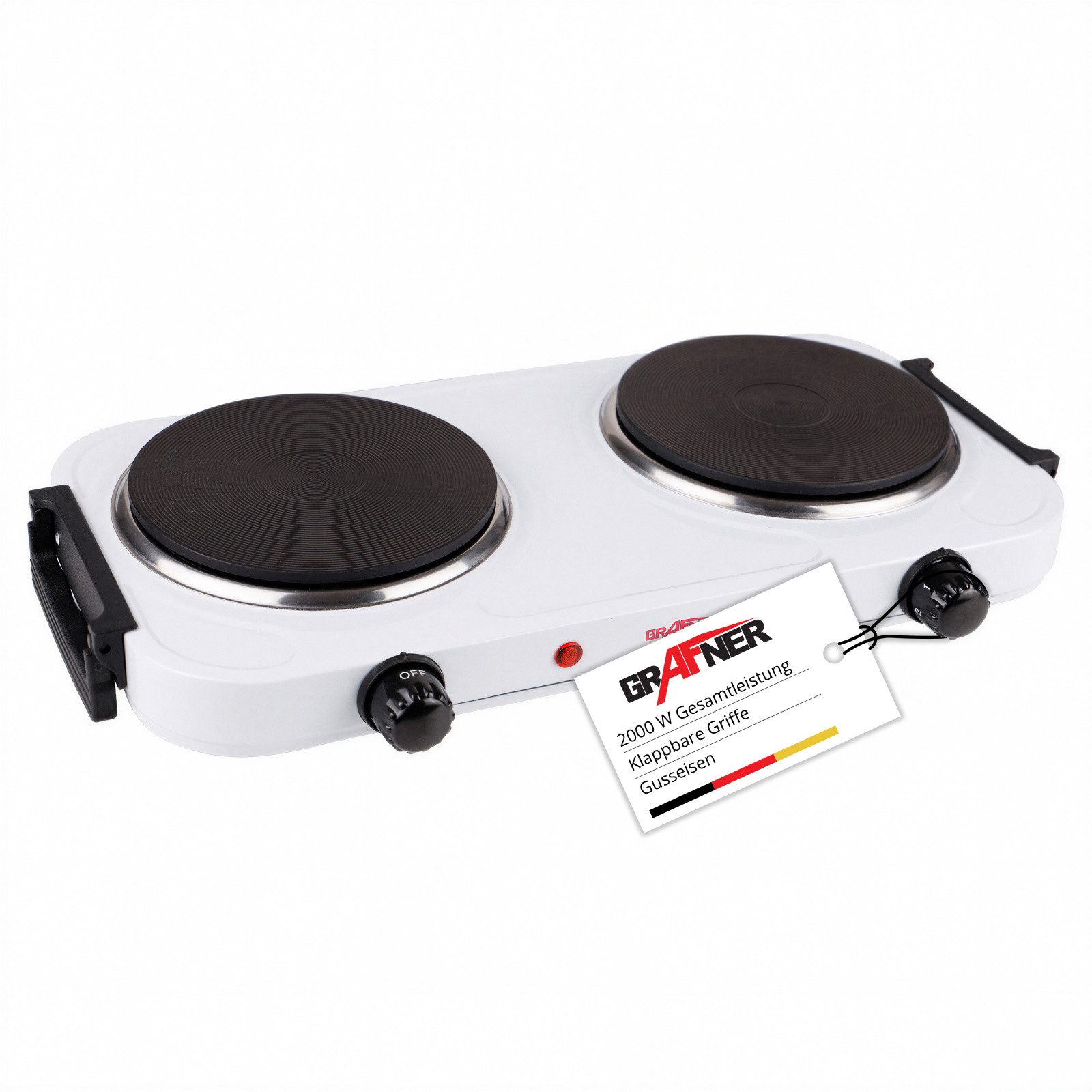 Grafner Doppelkochplatte Grafner® 2000 Watt mit klappbaren Griffen Weiß, Mobile Herdplatte, Überhitzungsschutz, 2000 Watt