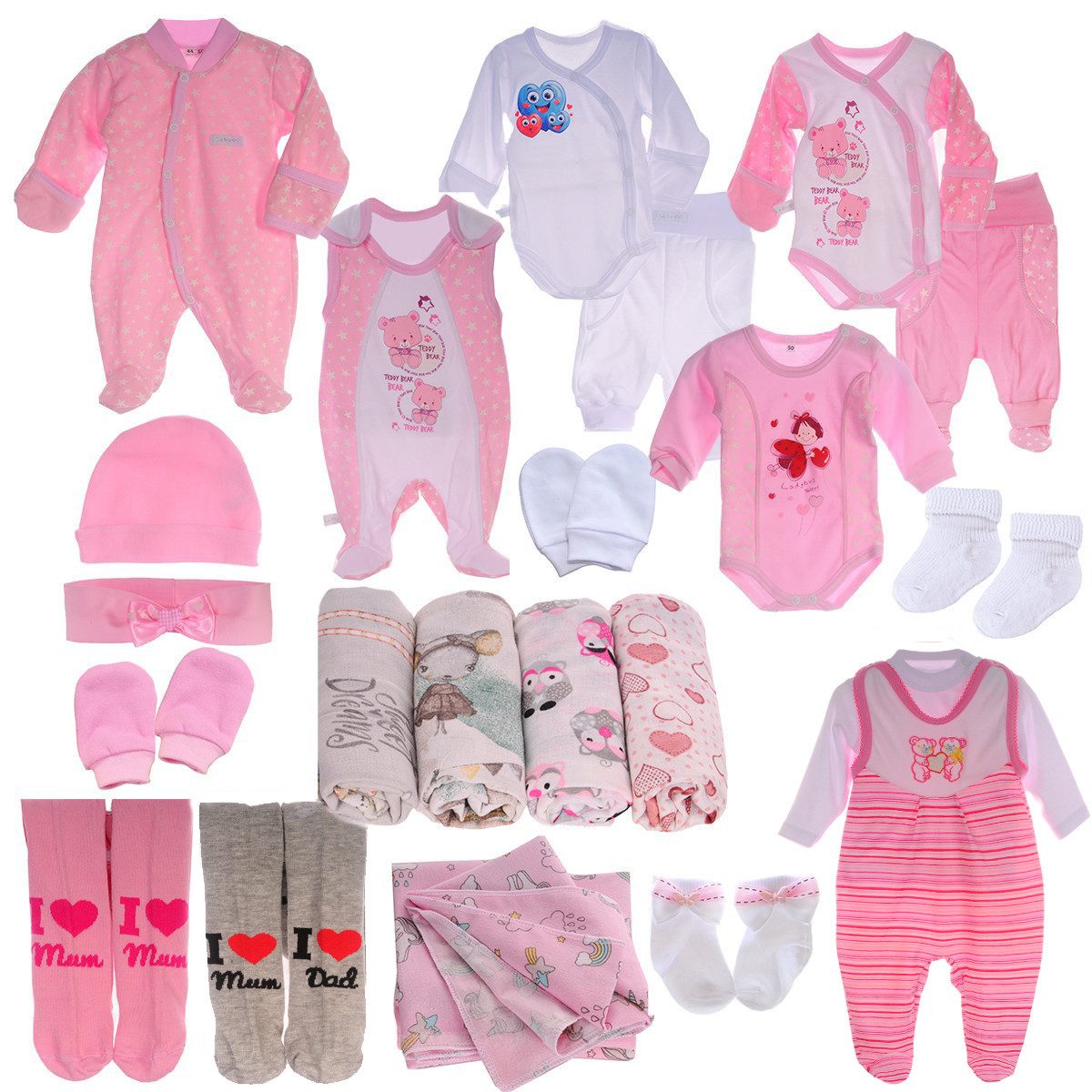 La Bortini Erstausstattungspaket Baby Set 22 Teile Body Hose Strampler Strumpfhosen Shirt Socken in Rosa, aus Baumwolle, 44 50 56 62 68 Spucktücher Stirnband