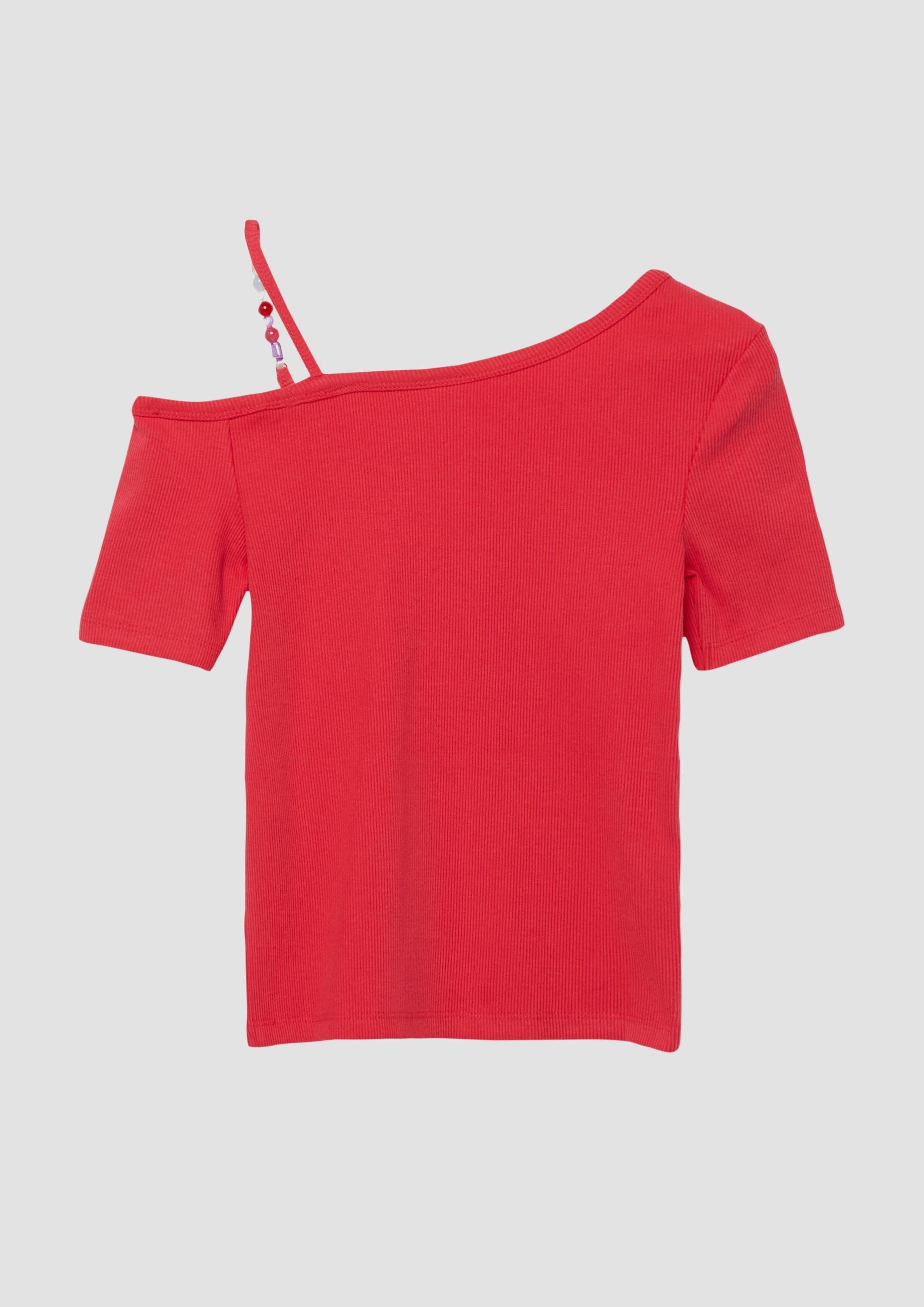 s.Oliver Kurzarmshirt T-Shirt Rippshirt mit asymmetrischem Ausschnitt und Schmuckperlen
