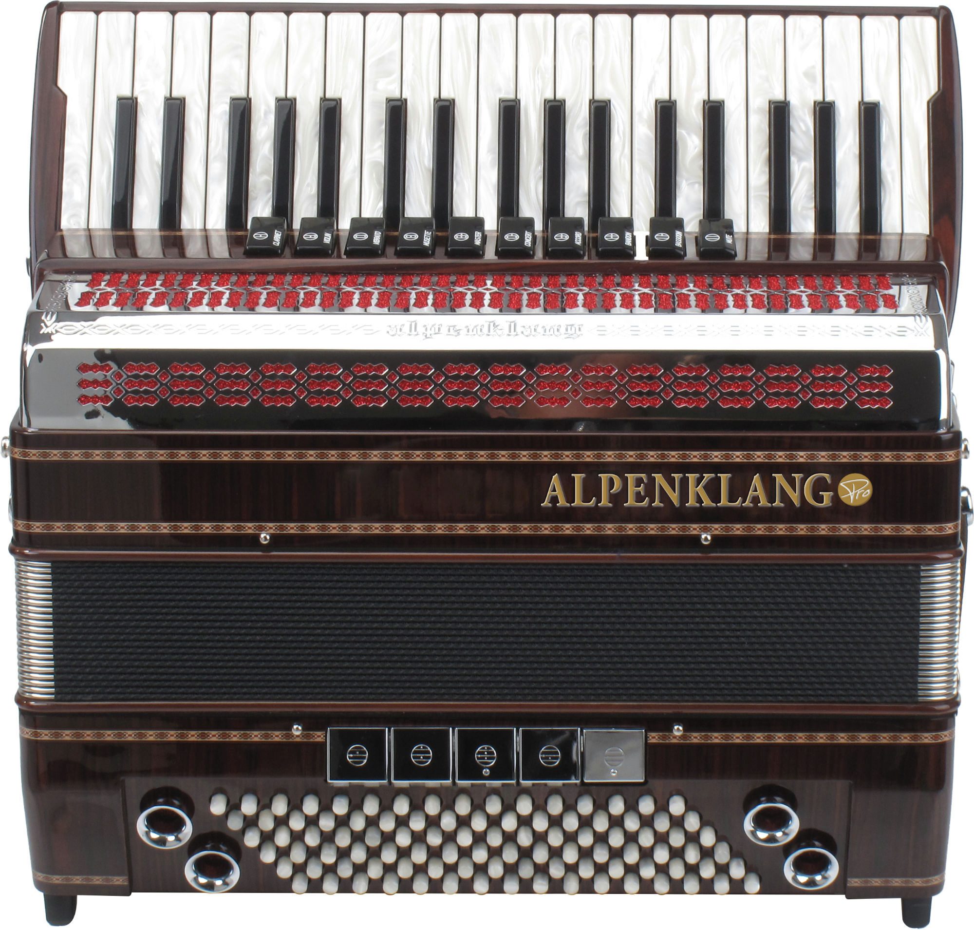 Alpenklang Knopf-Akkordeon IV 96 MHR Akkordeon Palisander mit Helikon-Bässen und Doppeltremolo (Pro-Serie, inkl. Koffer und Riemen), italienische Tipo a Mano-Stimmplatten