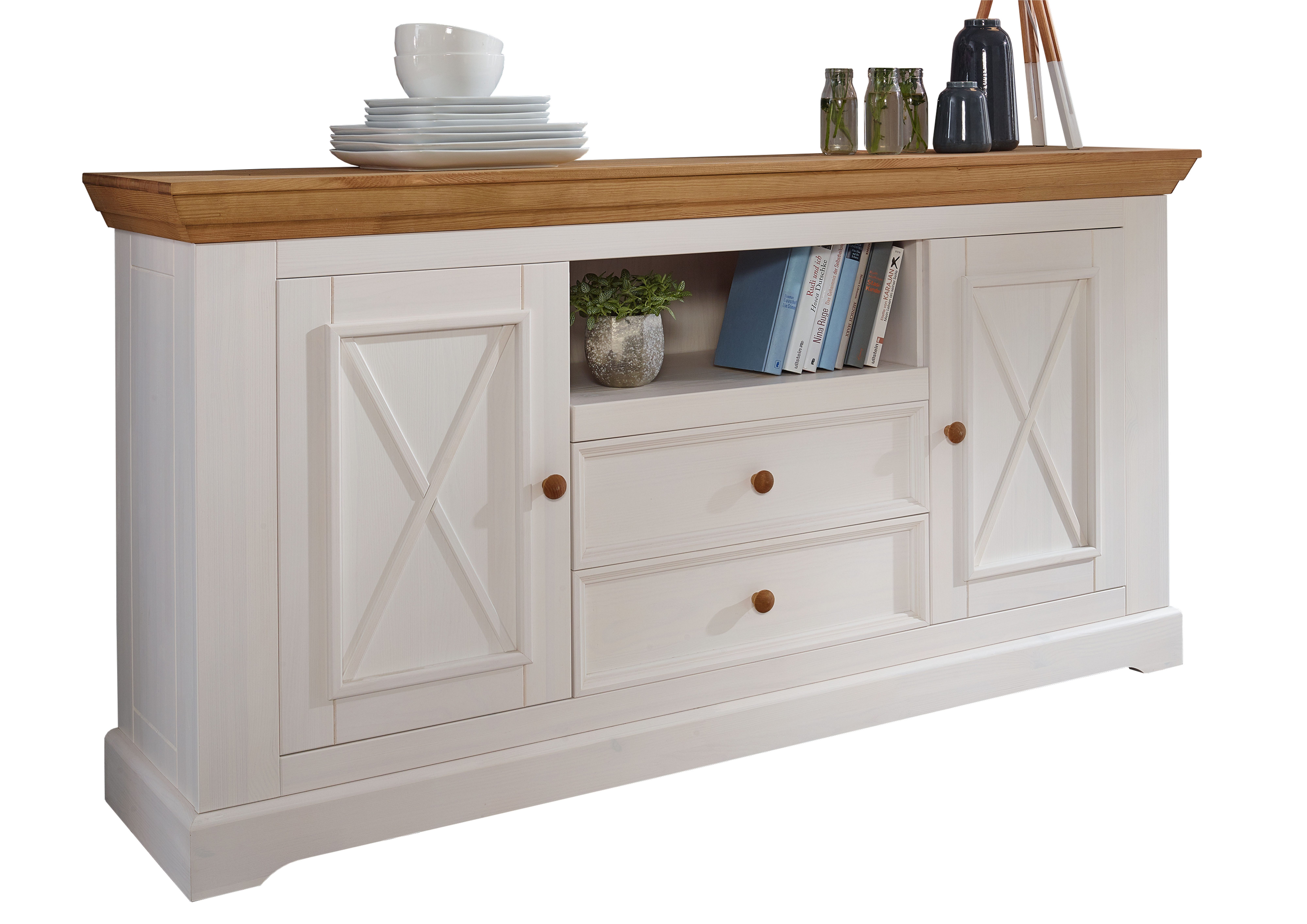 Woodroom Sideboard Oslo (Maße: 169 × 88 × 42cm), massive Kiefer weiß gewachst