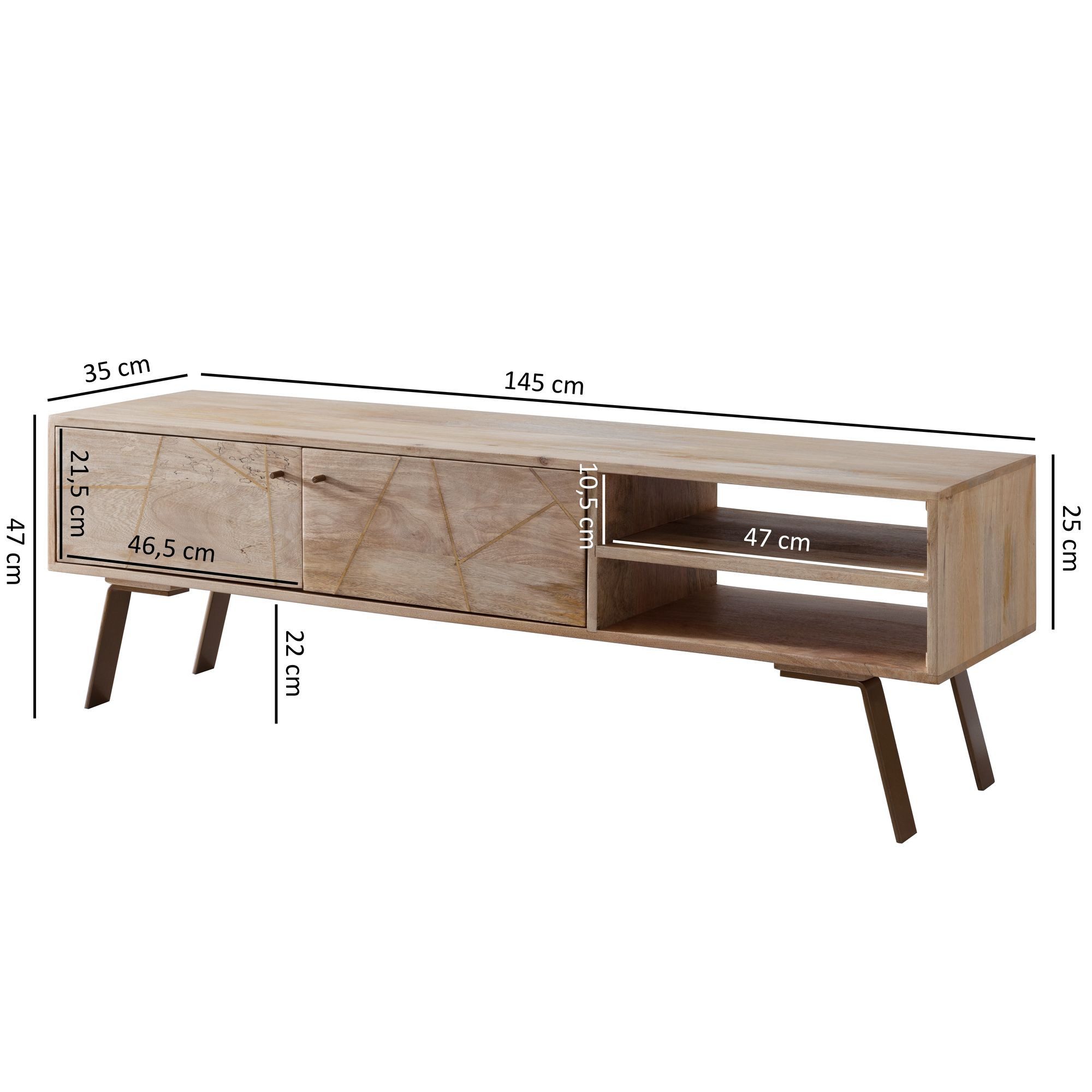 FINEBUY Lowboard FB51245 Massives TV-Board 145cm Mango Massivholz hell Fernsehschrank (Fernsehschrank mit 2 Türen, Unterschrank TV Möbel), Mango Massivholz Landhaus TV Kommode 145x47x35 cm