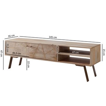 FINEBUY Lowboard FB51245 (Mango Massivholz Landhaus TV Kommode 145x47x35 cm), Fernsehschrank mit 2 Türen, Unterschrank TV Möbel