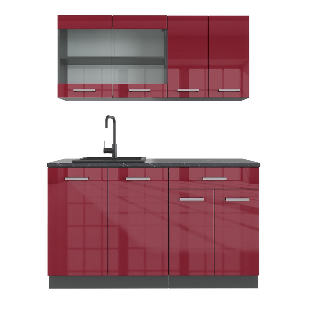 Vicco Küchenzeile R-Line, Rot Hochglanz/Anthrazit/Anthrazit, 140 cm ohne Arbeitsplatte