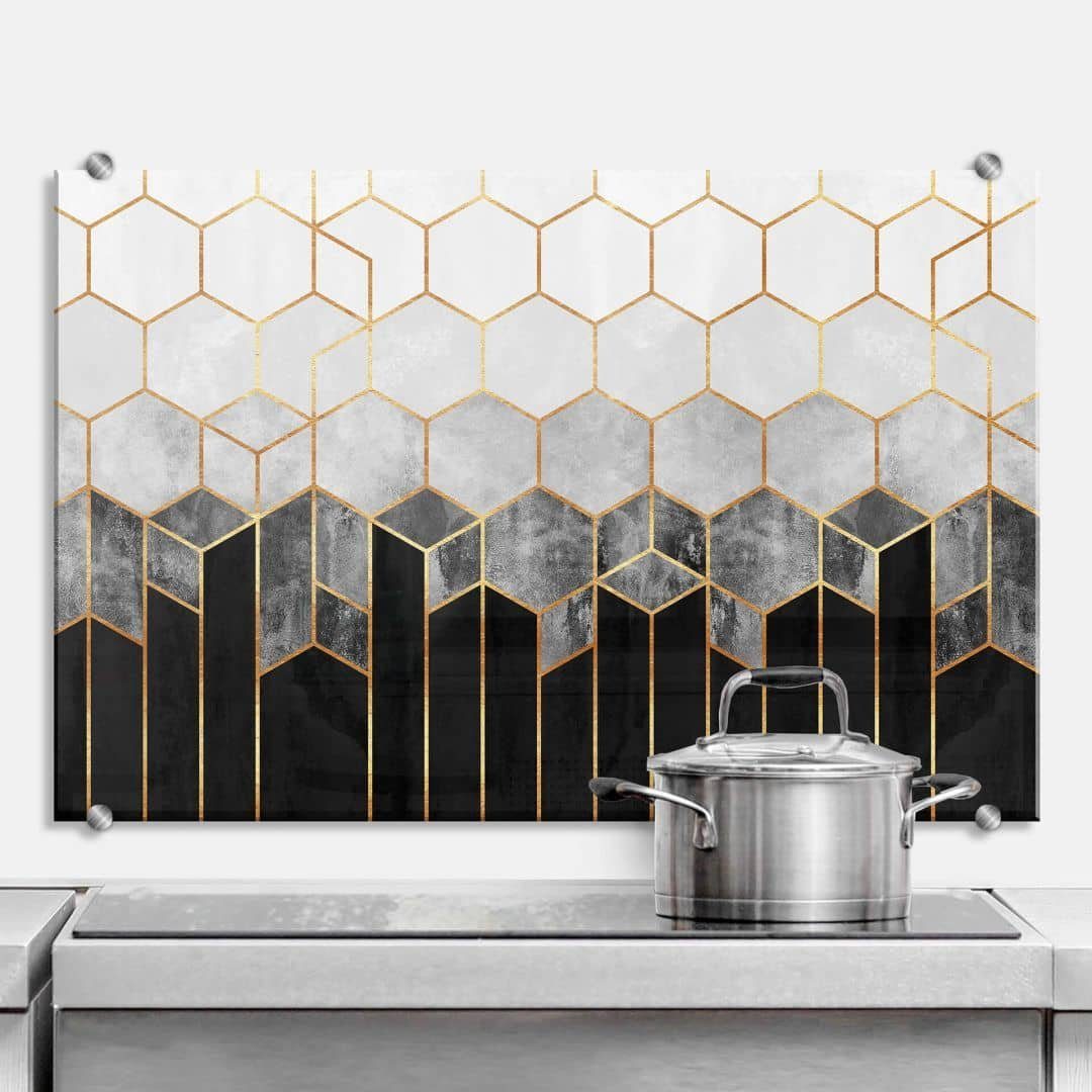 K&L Wall Art Gemälde Glas Spritzschutz Küchenrückwand Hexagon Marmor Steinoptik Gold, Wandschutz inkl Montagematerial