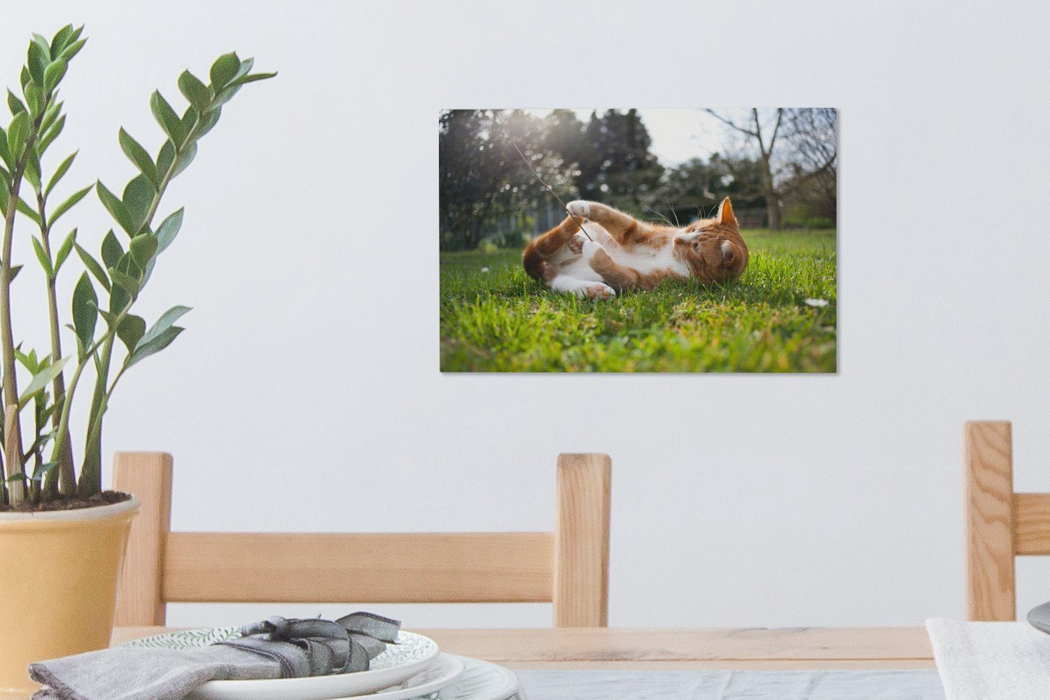 OneMillionCanvasses® Leinwandbild Katze spielt St), (1 Gras, Wanddeko, Leinwandbilder, Aufhängefertig, Wandbild im 30x20 cm