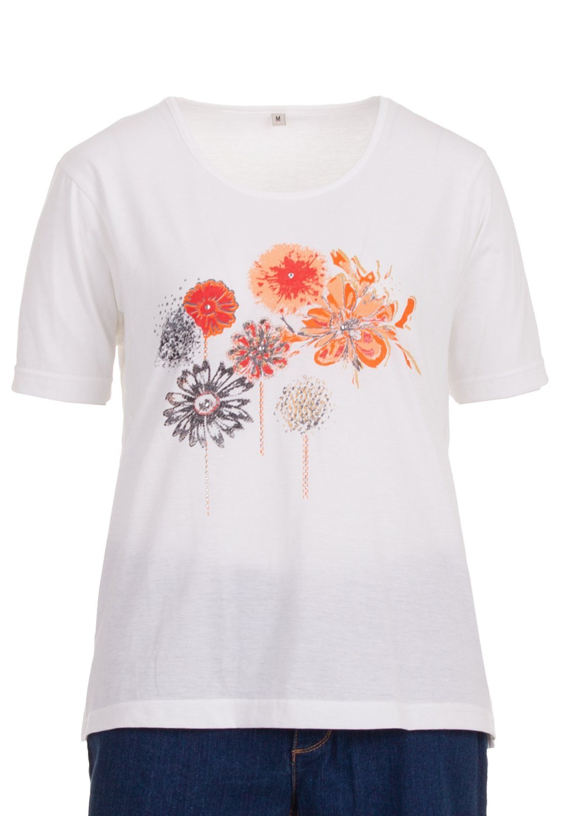 T-Shirt weiß Blume zeitlos T-Shirt Kurzarm Stein Applikation Rundhals zeitlos