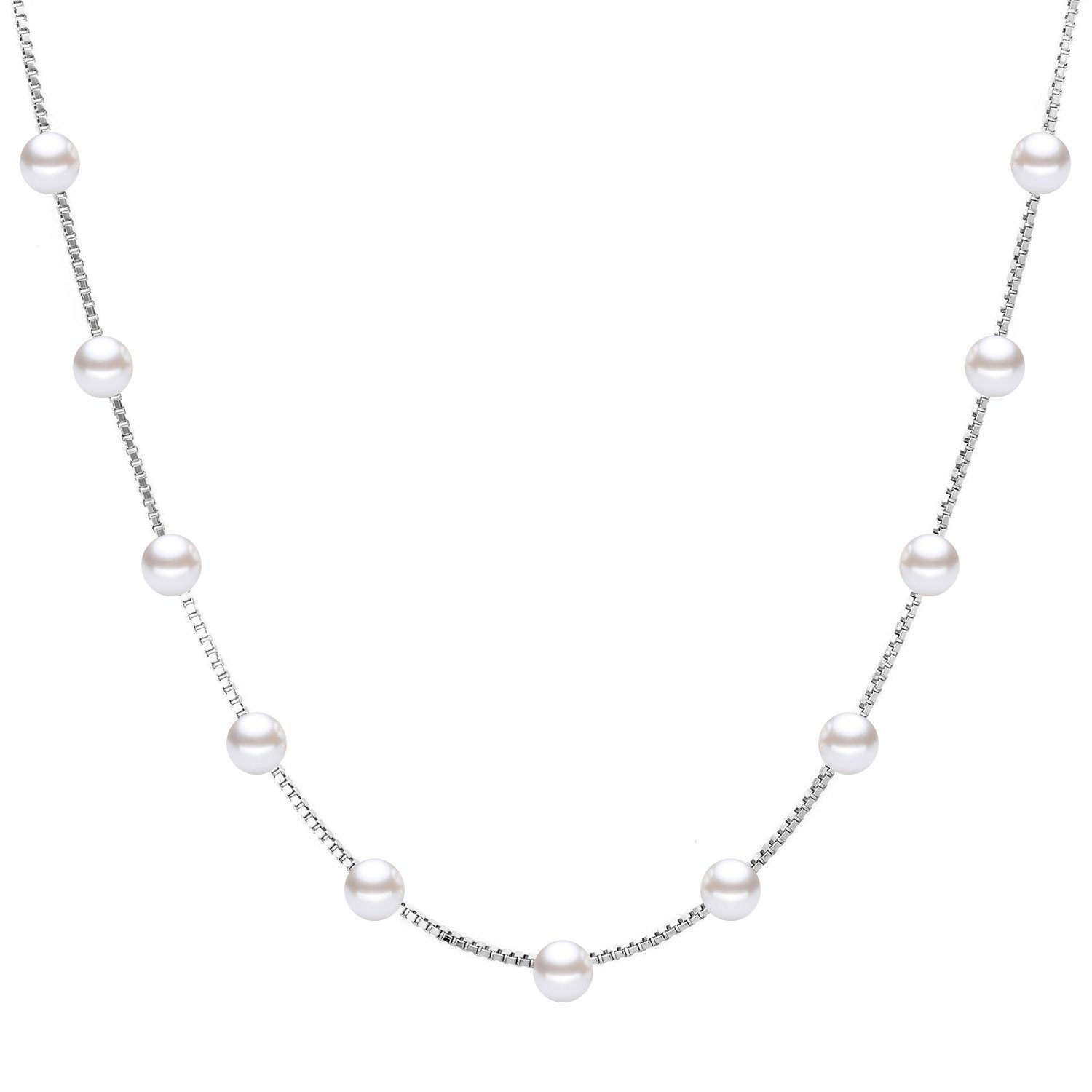 Ditz Kette mit Anhänger Damen Perlenkette Collier Halskette Vergoldet Zirkonia Perlen Kette, Brautschmuck Braut Silber Weiß Geschenke Frauen Freundin Geburtstag