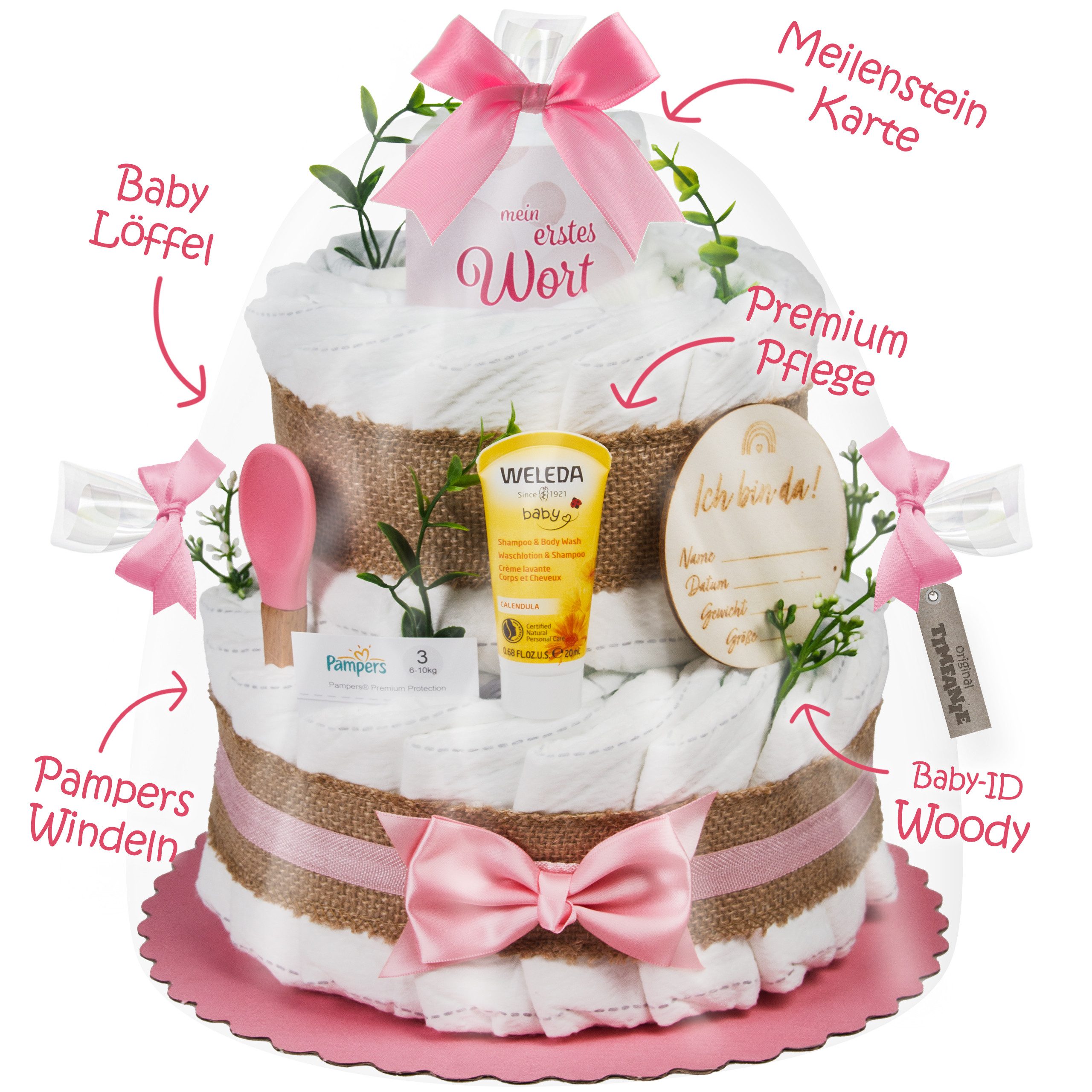 Timfanie Windeln Windeltorte, Boho Baby-Cake, rosa, 0-8 Monate (Handgefertigtes Geschenk - In Folie gehüllt, mit Schleifen verziert, 37-St., 20x Pampers Premium, wertige Accessoires), Das Perfekte Geschenk zur Geburt oder Babyparty.