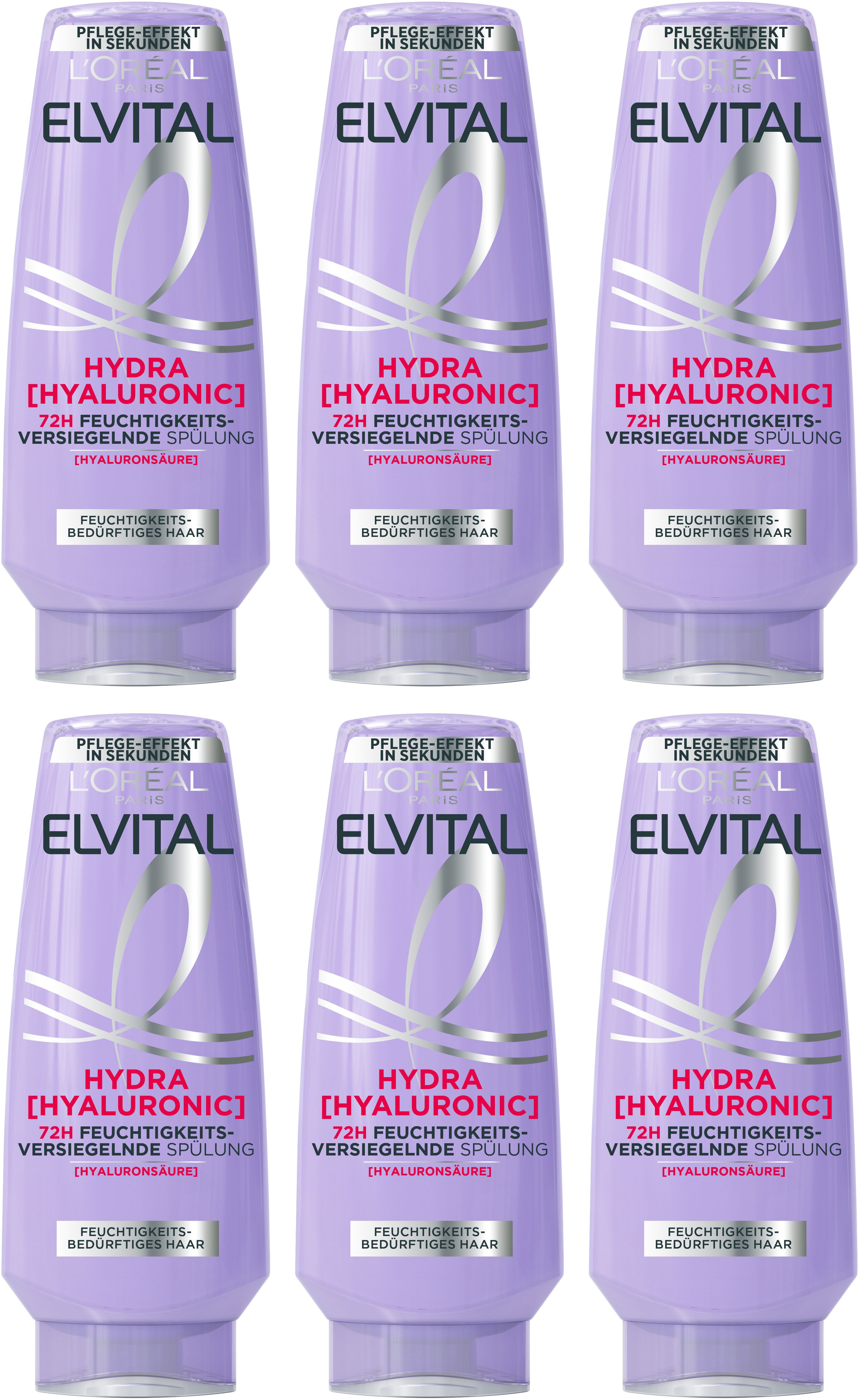 L'ORÉAL PARIS Haarspülung L'Oréal Paris Elvital Hydra [Hyaluronic] Spülung, Packung, 6-tlg., Hyaluronsäure für trockenes Haar, spendet 72h lang Feuchtigkeit.
