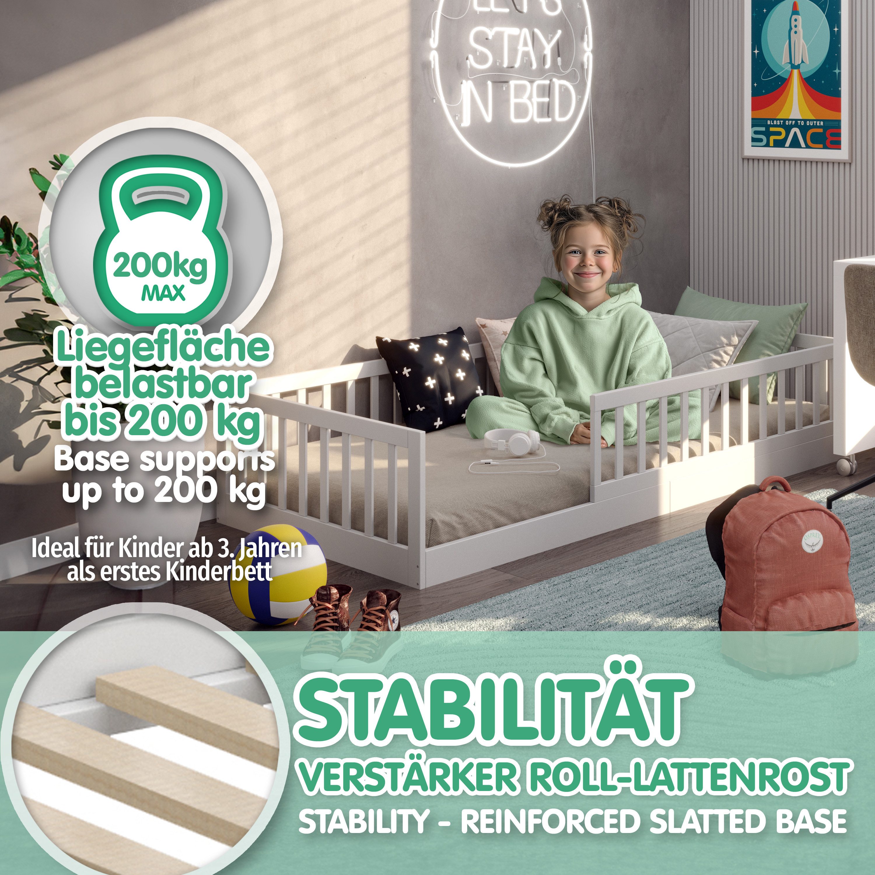 CADANI Kinderbett Timi Bodenbett bis 200 kg belastbar mit abnehmbarem Rausfallschutz (90x200 cm, Montessori Kinder- & Jugendbett aus Kiefer Massivholz), inkl. s – Bild 4 von 5