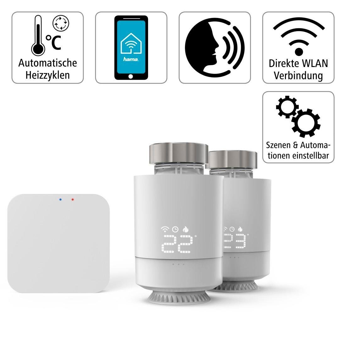Hama WiFi heating control, set of 2x smart heating thermostats, smart home starter set (radiator thermostats), hub + adapter