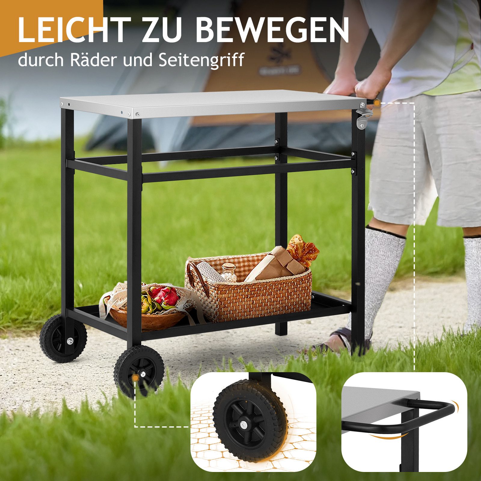 LALAHO Grillablagetisch Grilltisch Outdoor Schreibtisch aus Edelstahl Silber, Beistelltisch mit Rädern, 95 x 51 x 83 cm