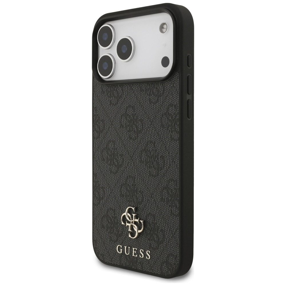 Guess Handyhülle Case iPhone 17 Pro Max MagSafe Kunstleder grau Logo goldfarben 6,9 Zoll, Kantenschutz