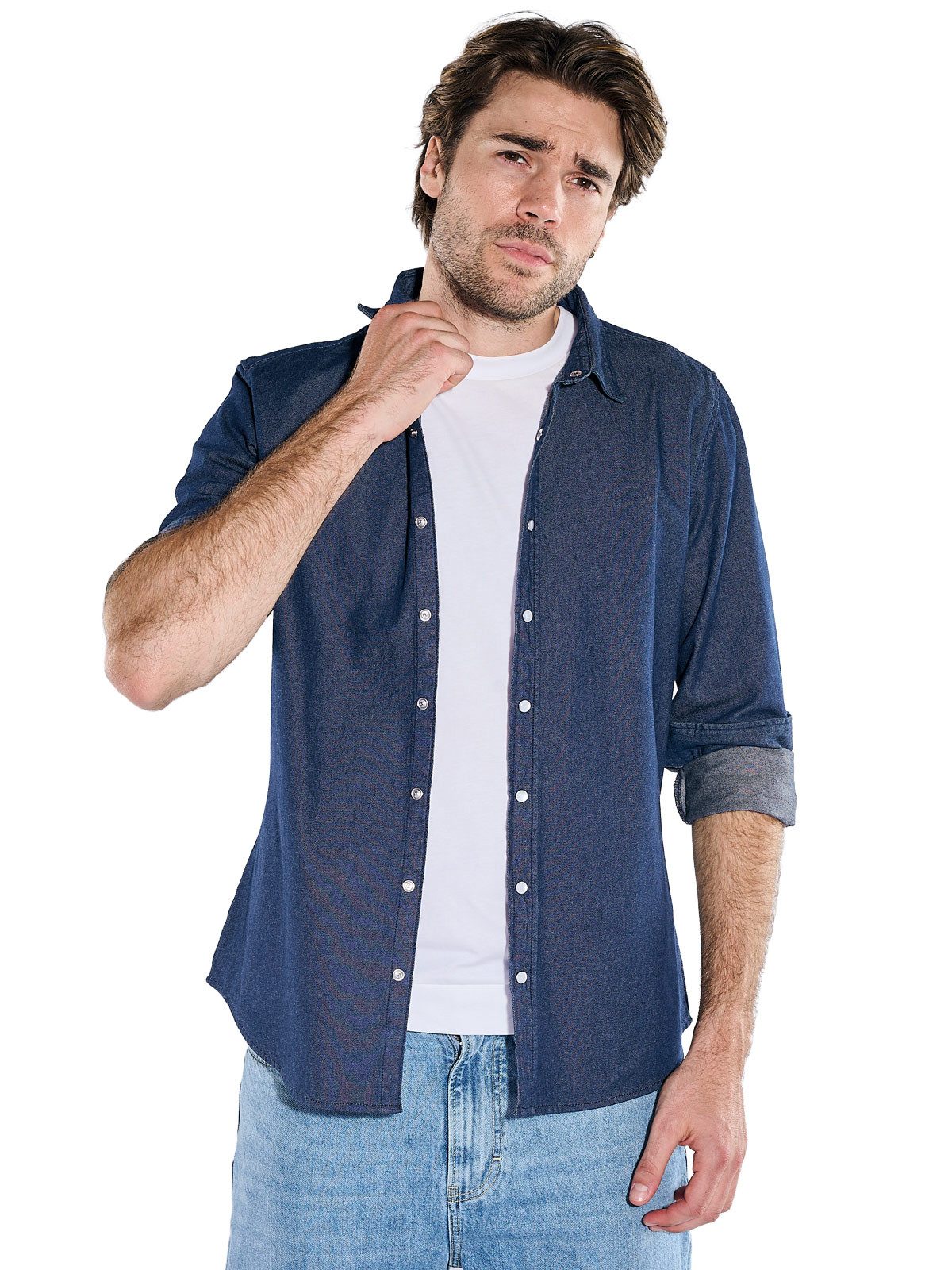 emilio adani Langarmhemd Herren Jeans-Overshirts mit Druckknöpfen, Saphirblau