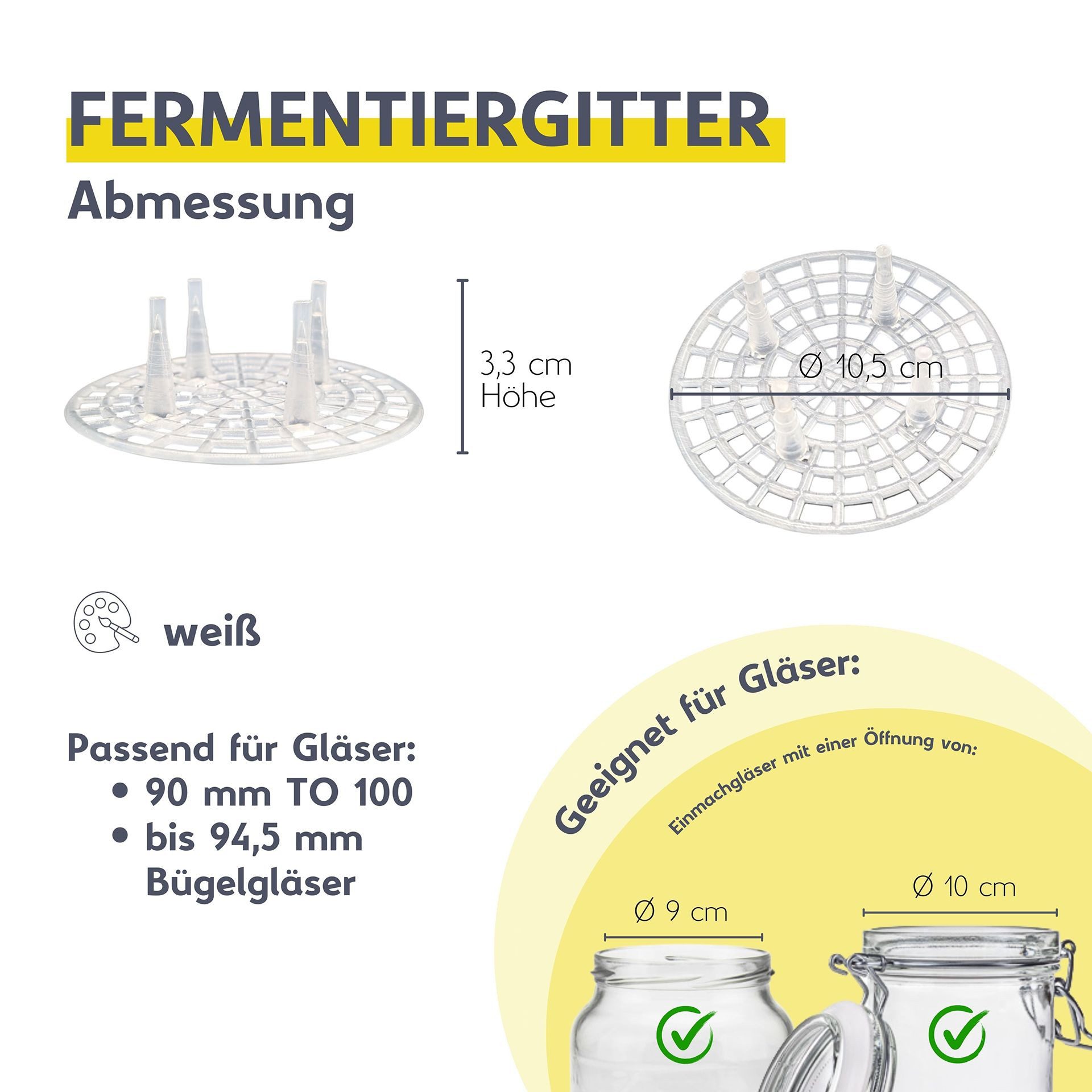 mikken Fermentationsdeckel Fermentiergitter Eintauchgitter Ø 10,5 cm passend für TO100 Gläser, (Spar-Set, 6-tlg), PVC-frei, Ø 10 cm, Öffnung 90-94 mm