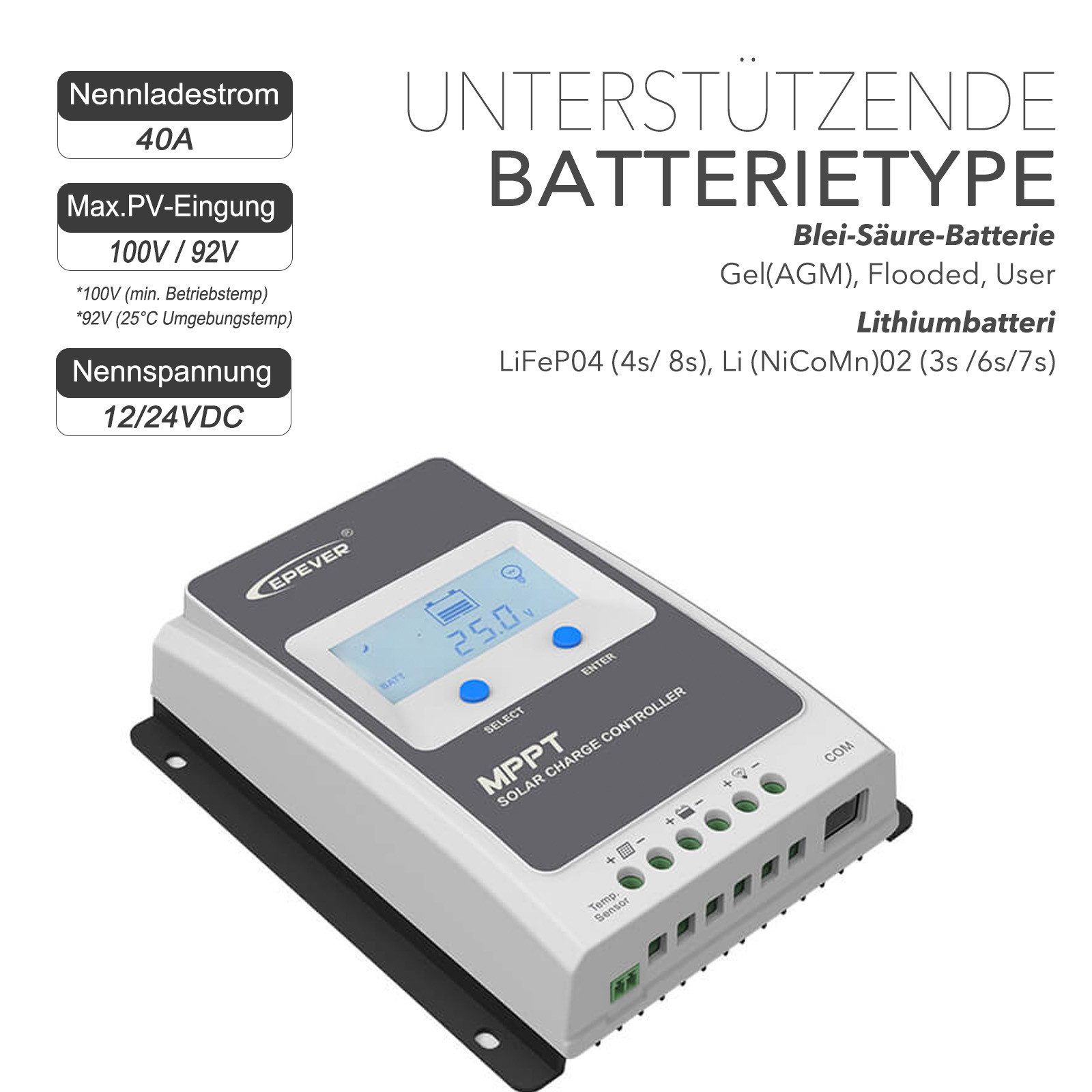 enjoy solar Solarladeregler EPEVER® MPPT Tracer AN; EPEVER® IT-NC G3 MPPT-Laderegler, Standard Modbus Kommunikationsprotokoll mit RS485 Schnittstelle