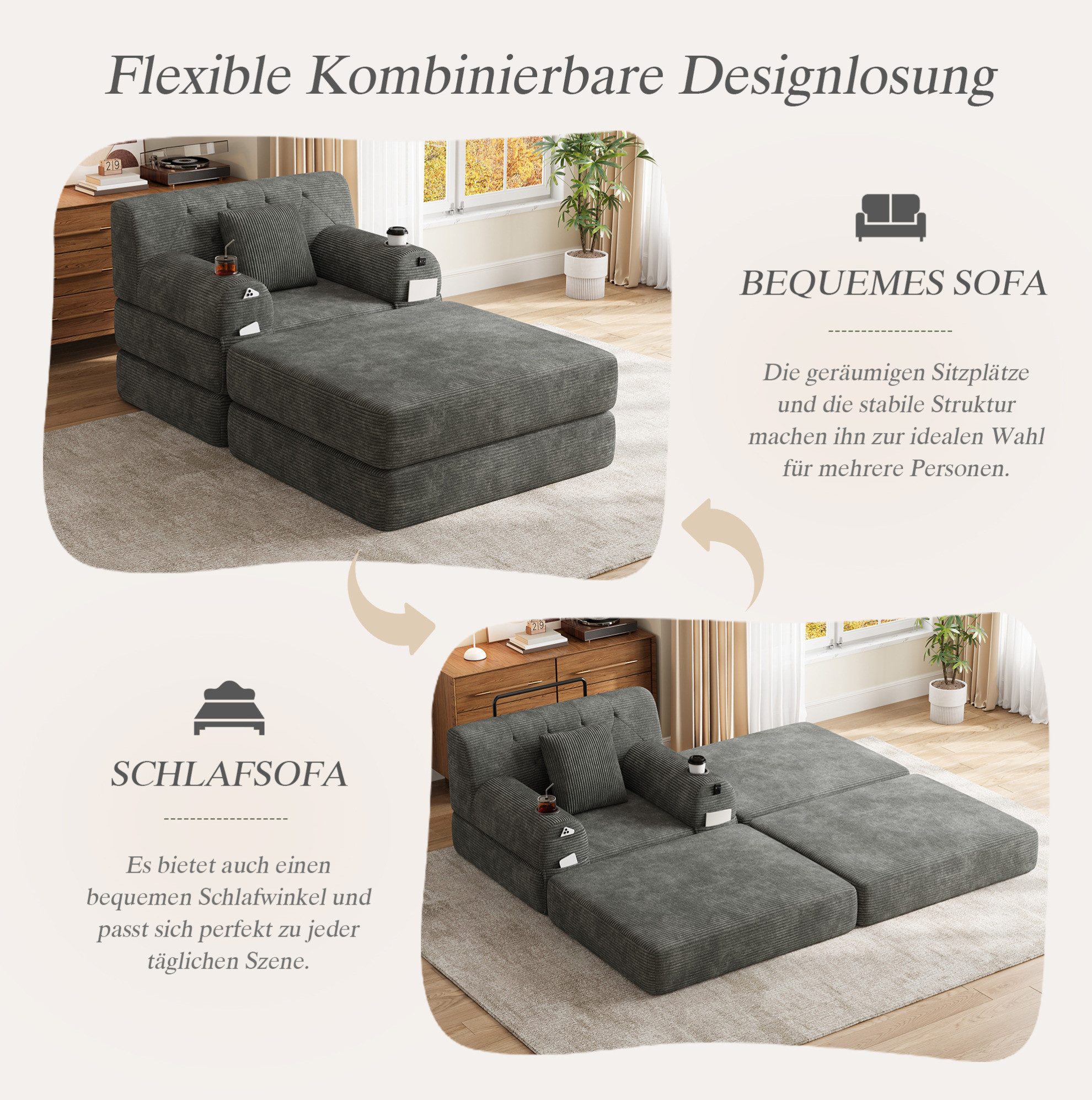 MODFU Sofa Loungesessel 1-Sitzer mit Hocker, Relaxsessel, Getränkehaltern und Stauraumtaschen, weichem Cordstoff und ergonomischer hoher Rückenlehne 1 Teile, Polsterstuhl Loungesofa