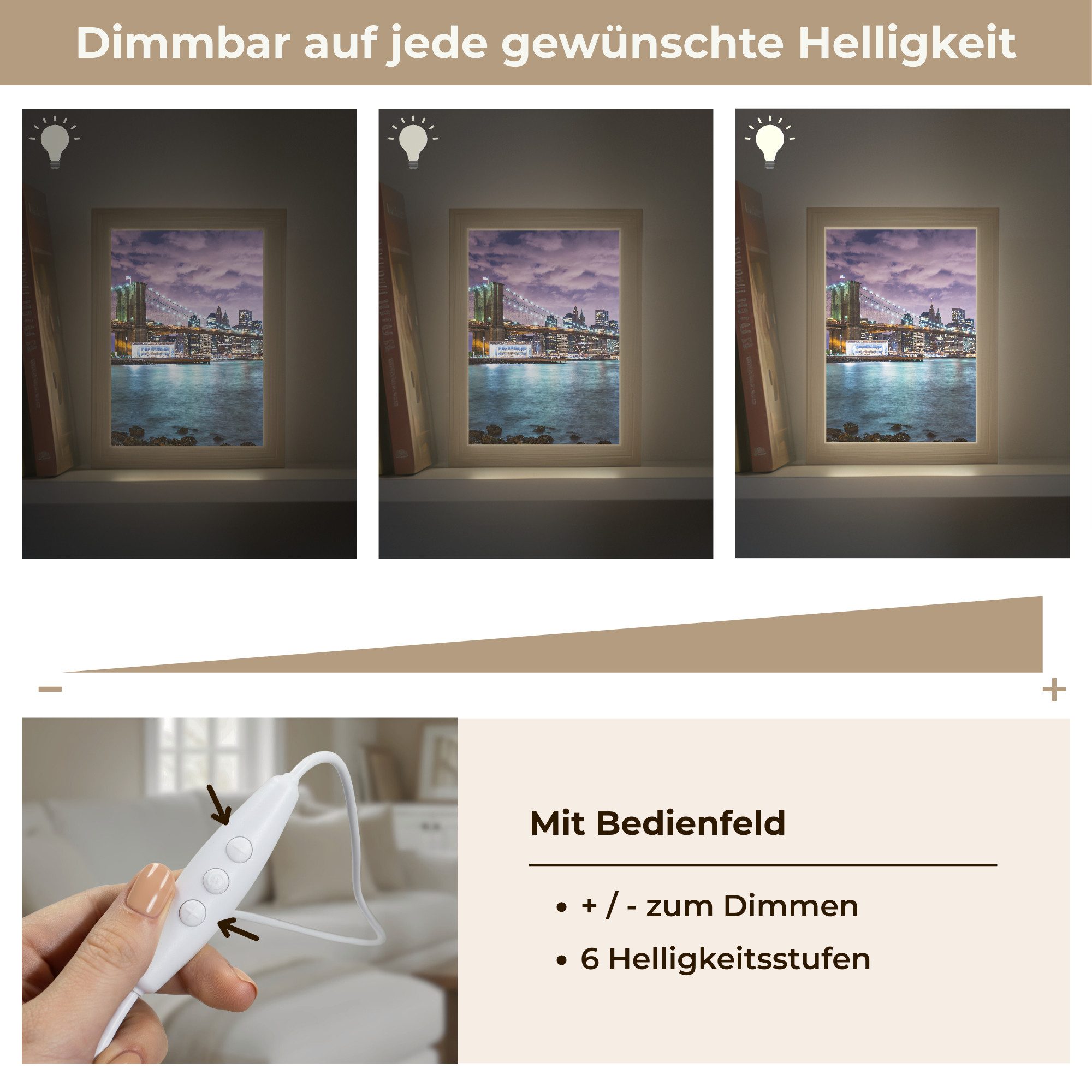 OnlyWow Wandleuchte Lightbox New York - Skyline - Stadt - Farben, Dimmbar, Farbwechsel, LED, Warmweiß, Kaltweiß, Neutralweiß Einstellbar, Wandlampe Innen, Dimmbar, mit Kabel, LED, Beleuchtung, Wohnzimmer