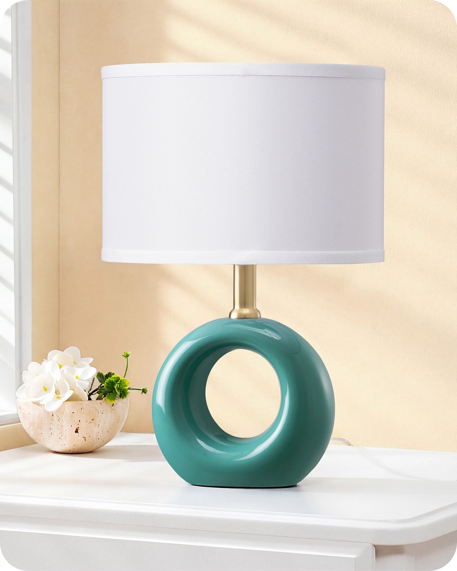 EDISHINE Nachttischlampe Keramik-Tischlampe, elegante und moderne Nachttischlampe, LED wechselbar, warmweiß, mit Stoffschirm, E14-Leuchtmittel inklusive, 2700K Warmweiß
