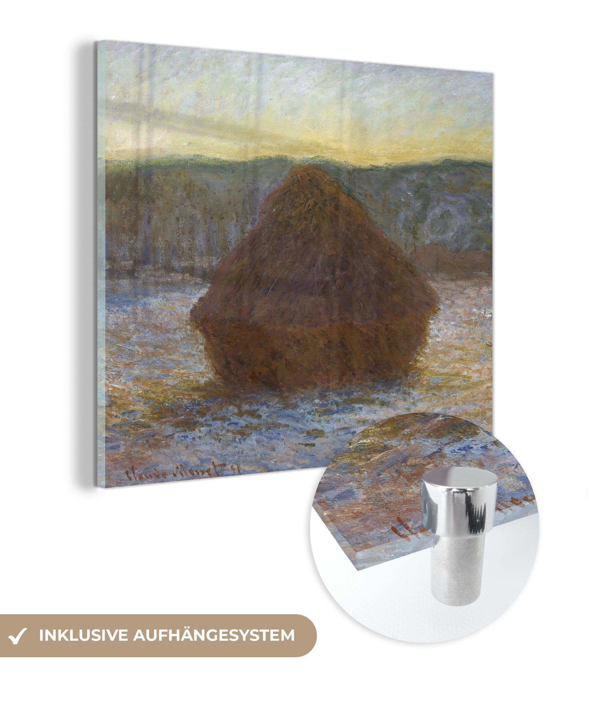 MuchoWow Acrylglasbild Heuhaufen (Tauwetter, Sonnenuntergang) - Claude Monet, (1 St), Glasbilder - Bilder auf Glas Wandbild - Foto auf Glas - Wanddekoration