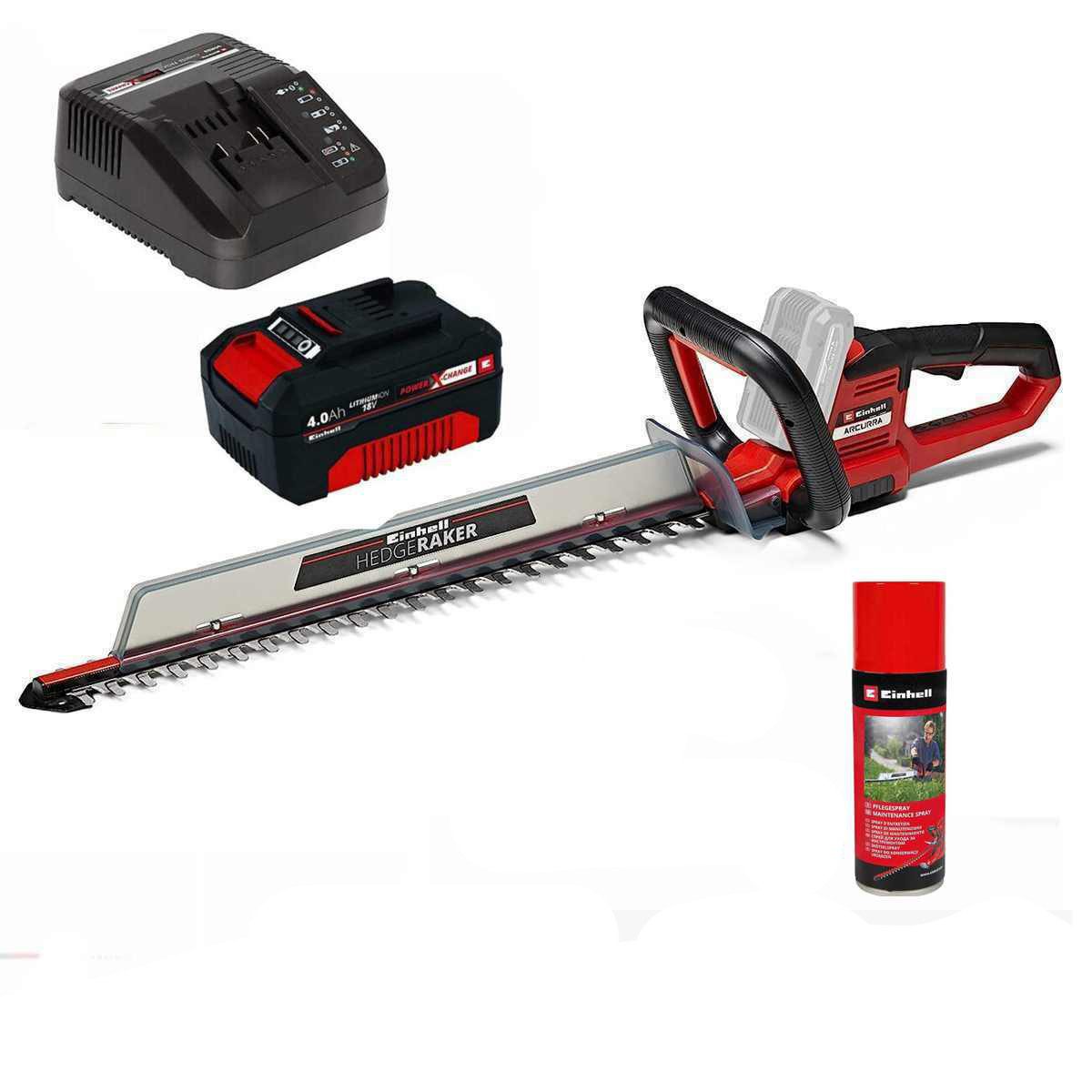 Einhell Akku-Heckenschere ARCURRA 18/55 mit Akku 4.0 Ah & Ladegerät 18V + Pflegespray