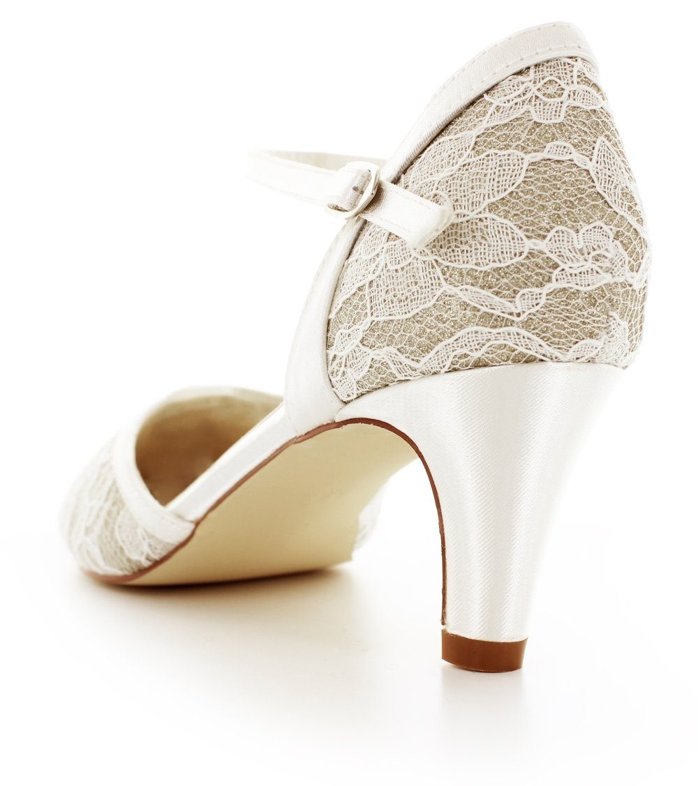 White Lady 879 ivory-champagner - Brautpumps aus Spitze und Glitter Slingpumps