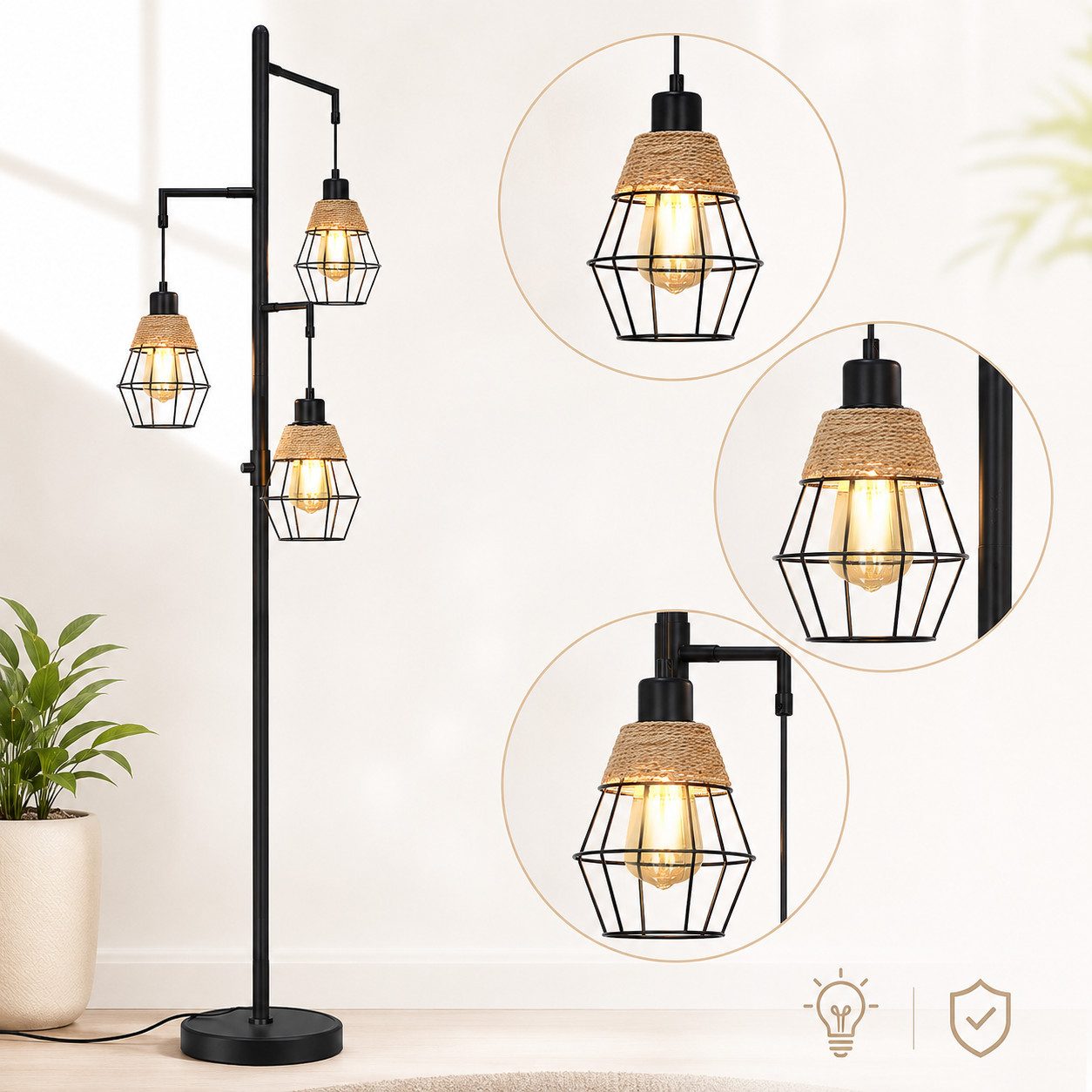Lapamax Stehlampe Rattan-Stehlampe, 3-flammige Boho-Lampe, 175CM, stufenlos dimmbar, mit 3 Glühbirnen, Industrielampen für Wohnzimmer, Bauernhaus Stehschlafzimmer