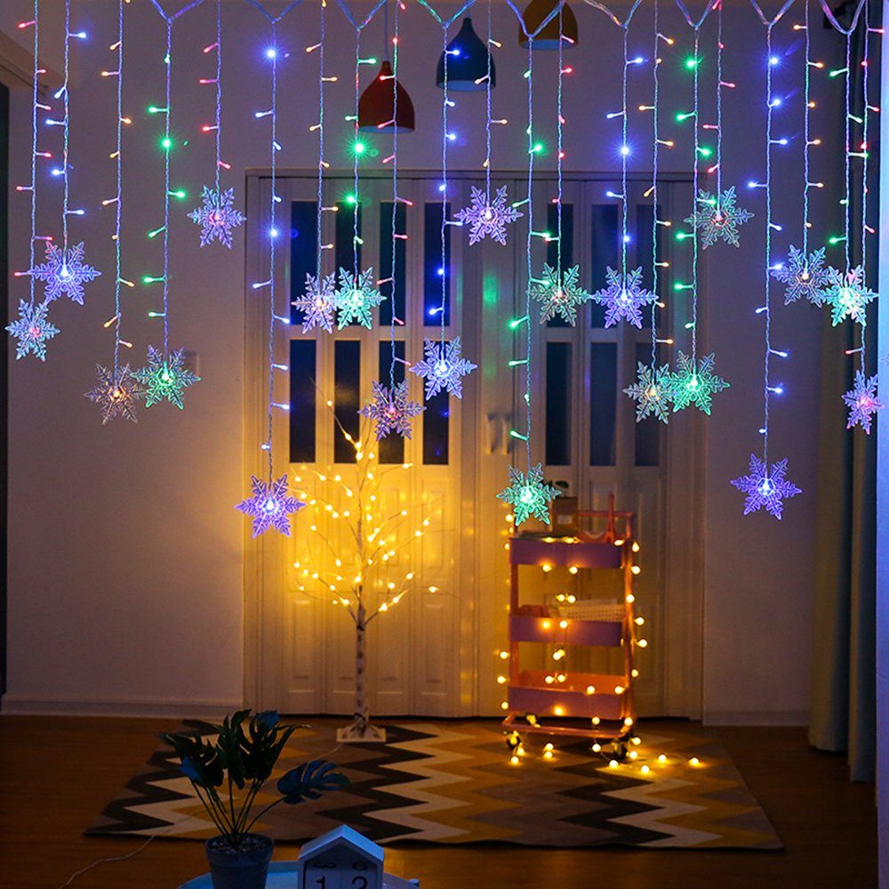 Lichterkette, LED-Lichterkette Modi,wasserdicht,Timer Schneeflocke LED 8 Sunicol Weihnachtendeko, Lichtervorhang Mehrfarbig