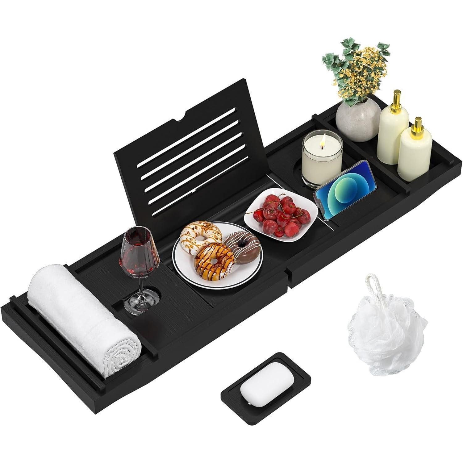 LuxusKollektion Badewannenablage Badewannenablage Bambus verstellbar Tablet Halter Getränkehalter