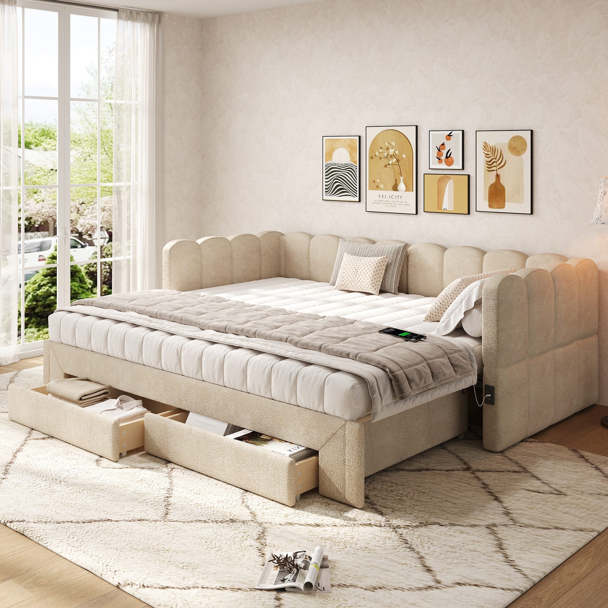 Flieks Daybett, Polsterbett Tagesbett 90/180x200cm mit Ausziehbett, 2 Schubladen, USB