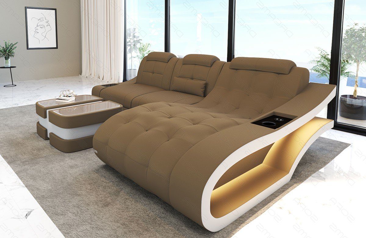 M Stoff mit LED, Sofa, Form cappuccino-weiß Polster Stoffsofa Elegante mit Couch Dreams - wahlweise Sofa L Ecksofa Bettfunktion