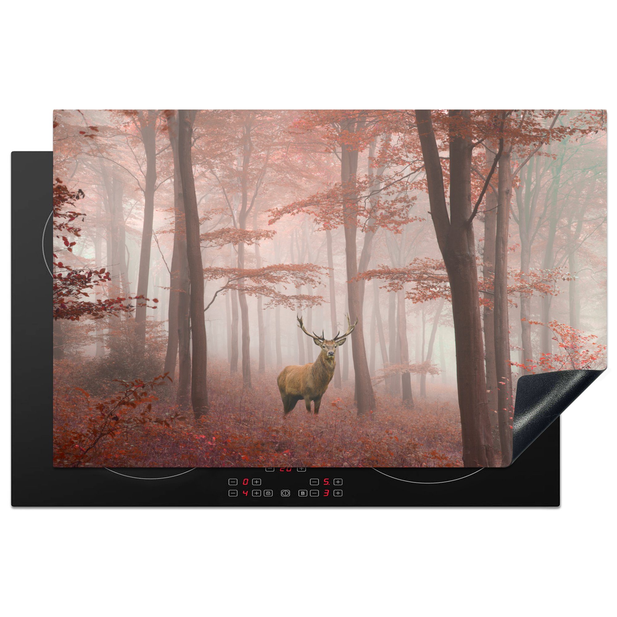 MuchoWow Herdblende-/Abdeckplatte Hirsche Wald küche, 81x52 cm, Induktionskochfeld Herbst, tlg), - Schutz Rot (1 - Vinyl, - die Ceranfeldabdeckung für