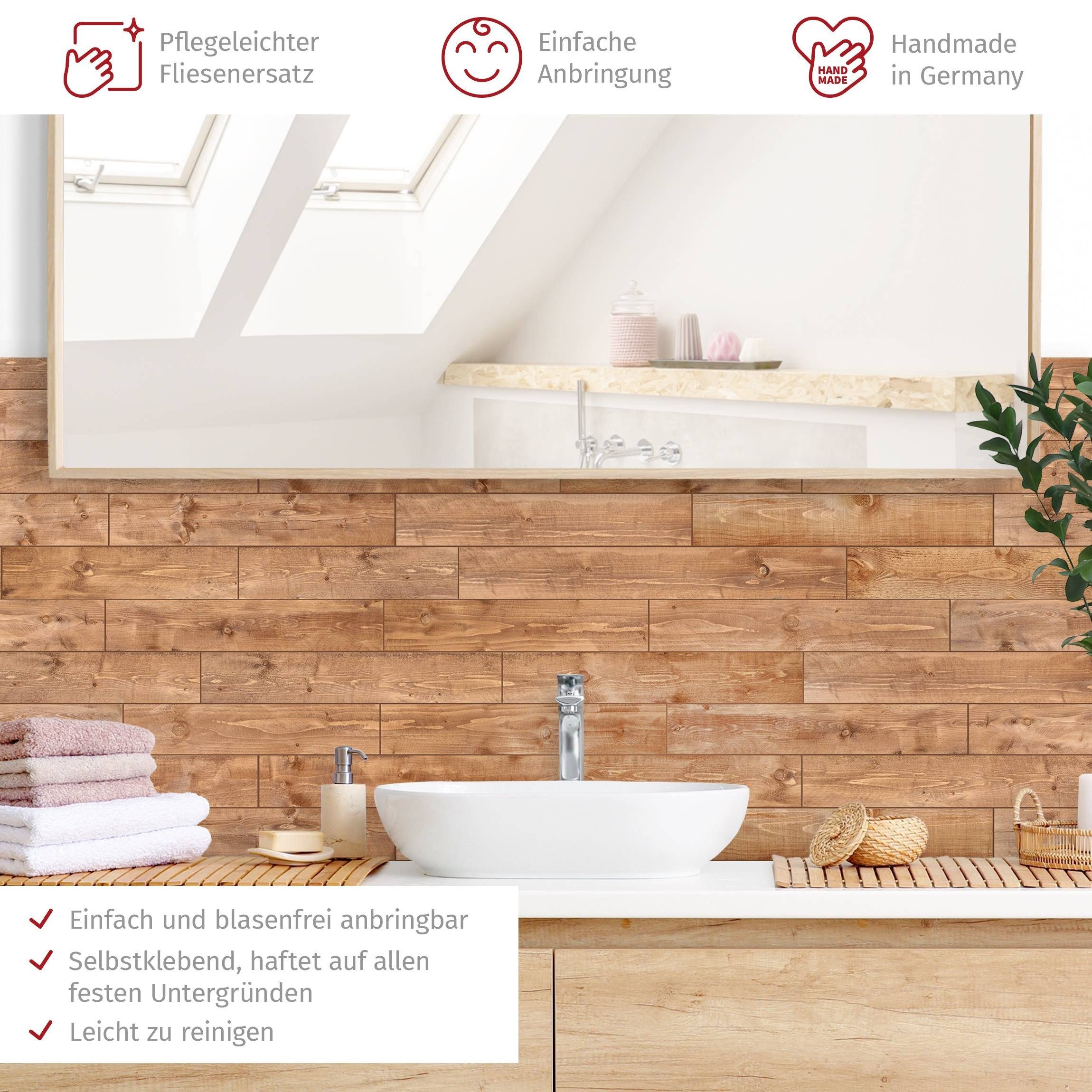 Bilderdepot24 Badrückwand braun fugenlose Wandverkleidung Bad mit Motiv, (Hartfolie matt » Selbstklebend SMART 0,35 mm), wasserfestes Wandpaneel Holzparkett