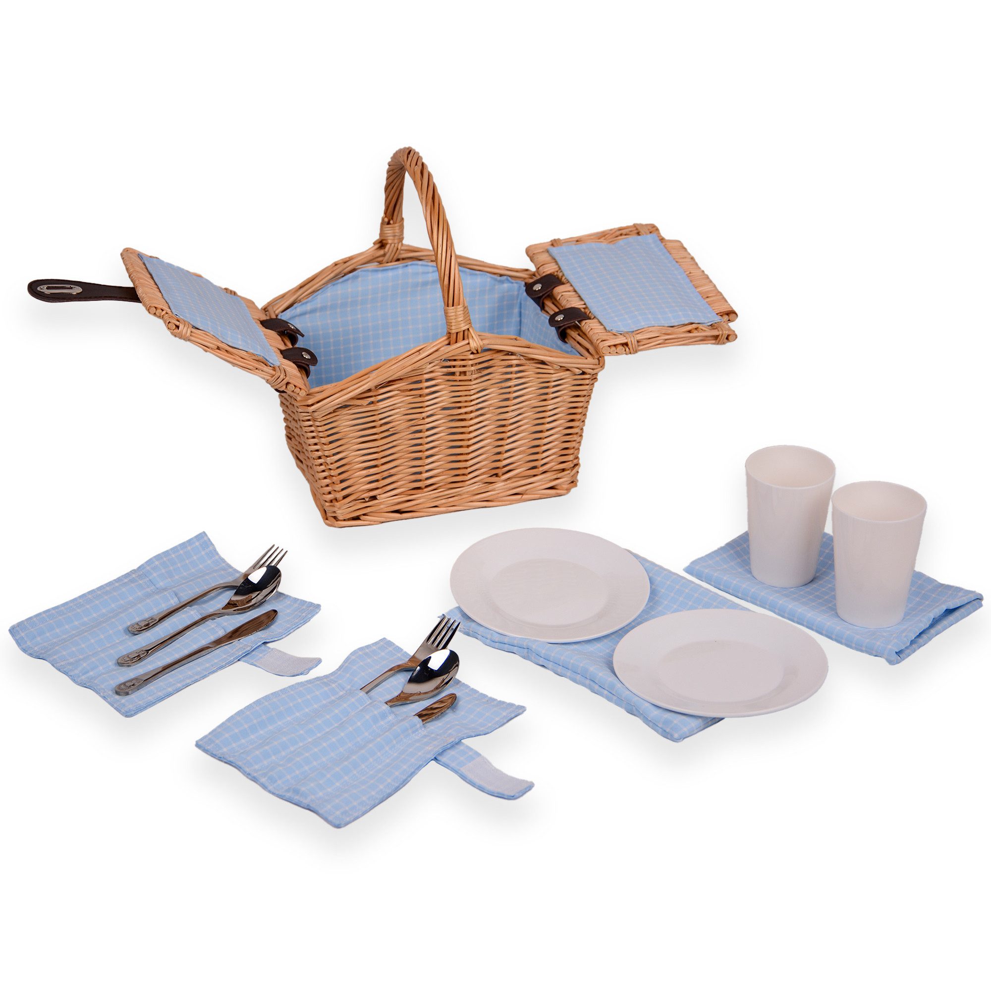 UNUS GARDEN Picknickkorb Kinder, für 2 Personen (ca. 27 x 20 x 30 cm, Blau), Rechteckig inklusive Besteck und Geschirr
