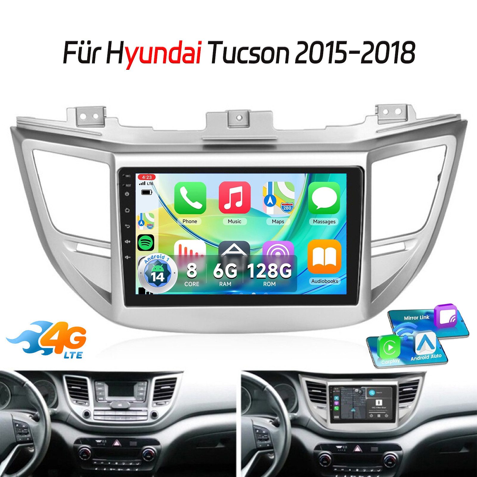 ESSGOO 6+128G 9'' Android 15 Autoradio Carplay RDS Für Hyundai Tucson 15-18 Autoradio (DAB+ (optional), 6GB+128GB, RDS, AM, FM, 4G LTE, Carplay Android Auto Bluetooth EQ USB GPS Navi WIFI Touchscreen)